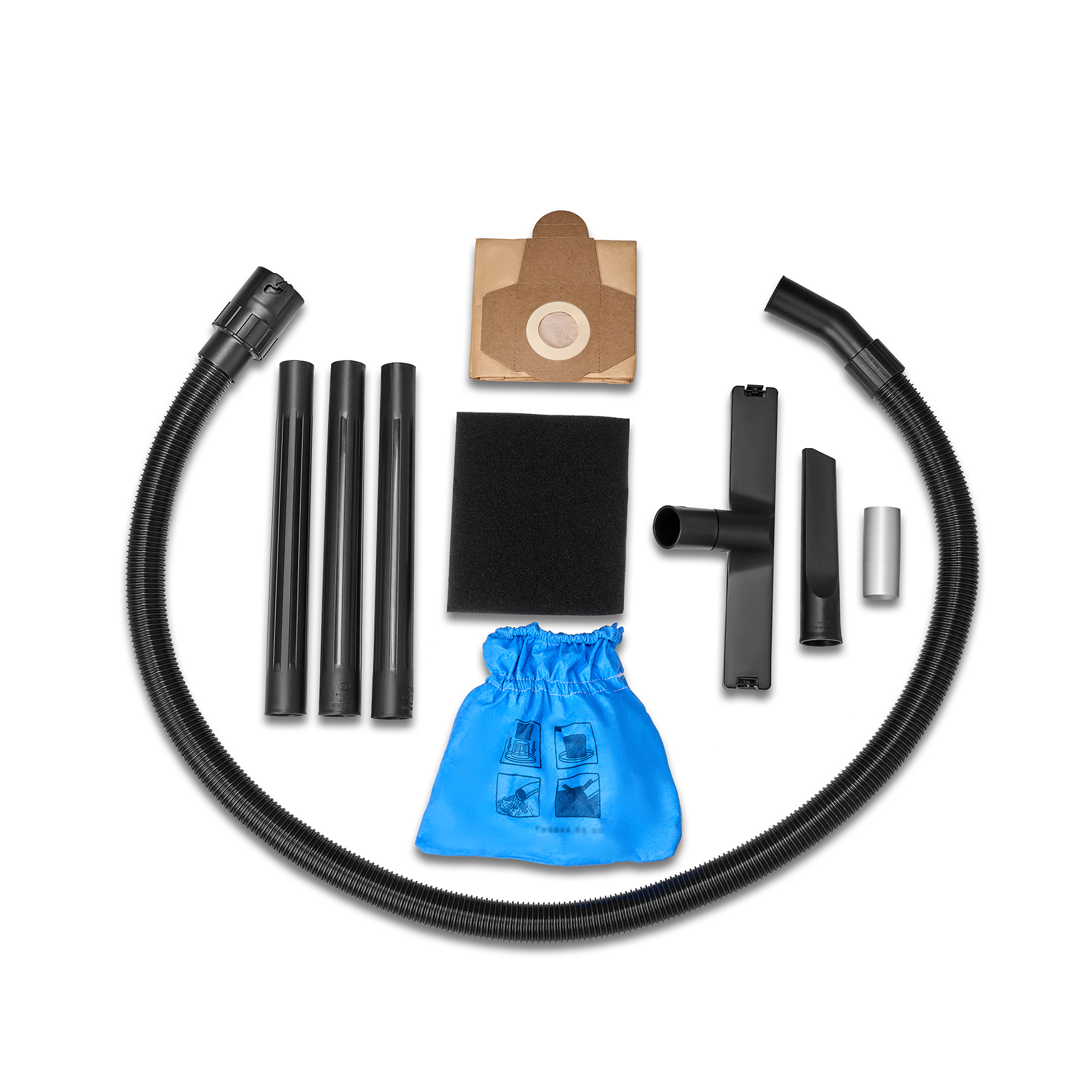 Accessoires d'aspirateur : tuyau, tubes, filtre, sac et embouts sur fond blanc.