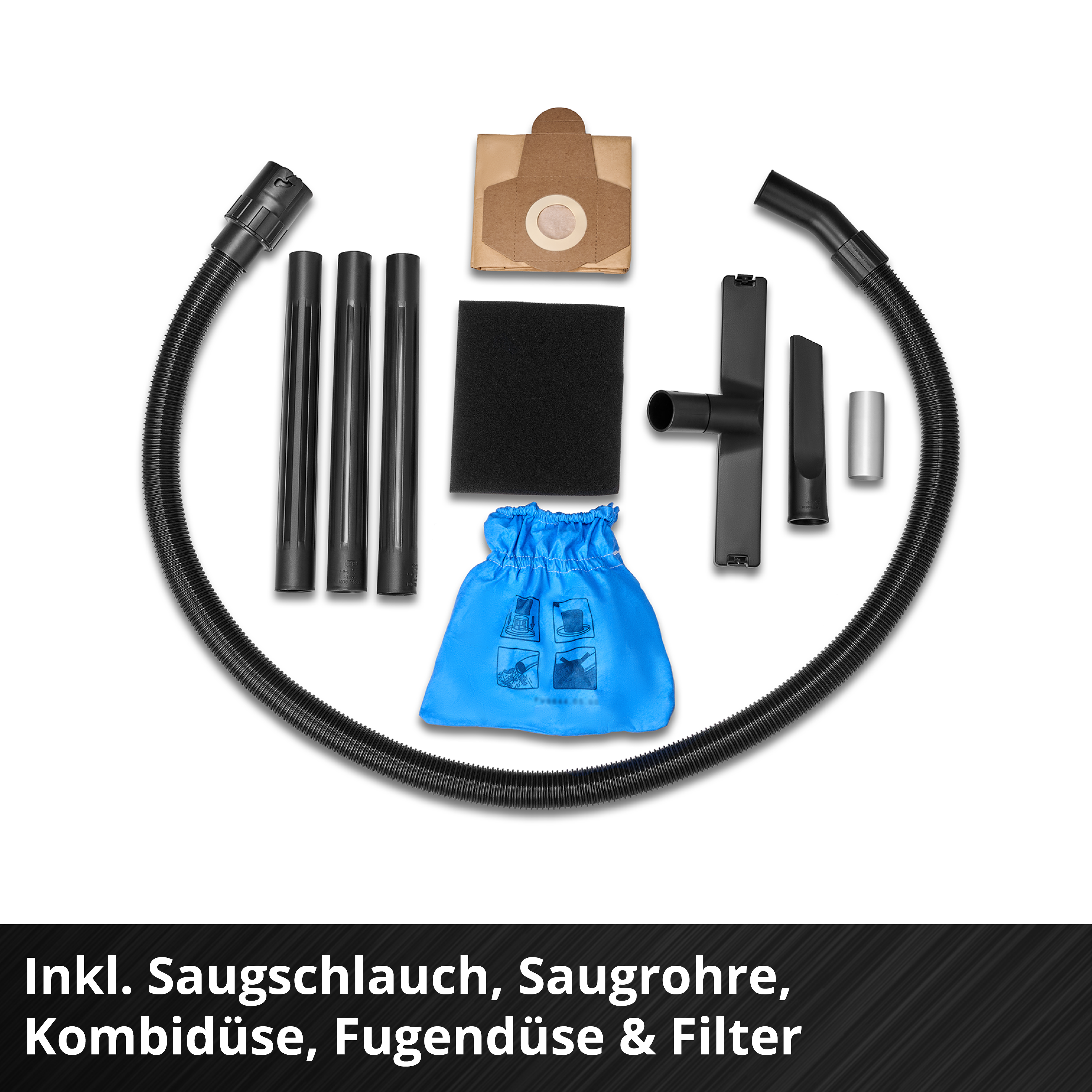 Accessoires aspirateur : tuyau, tubes, suceurs et filtre.