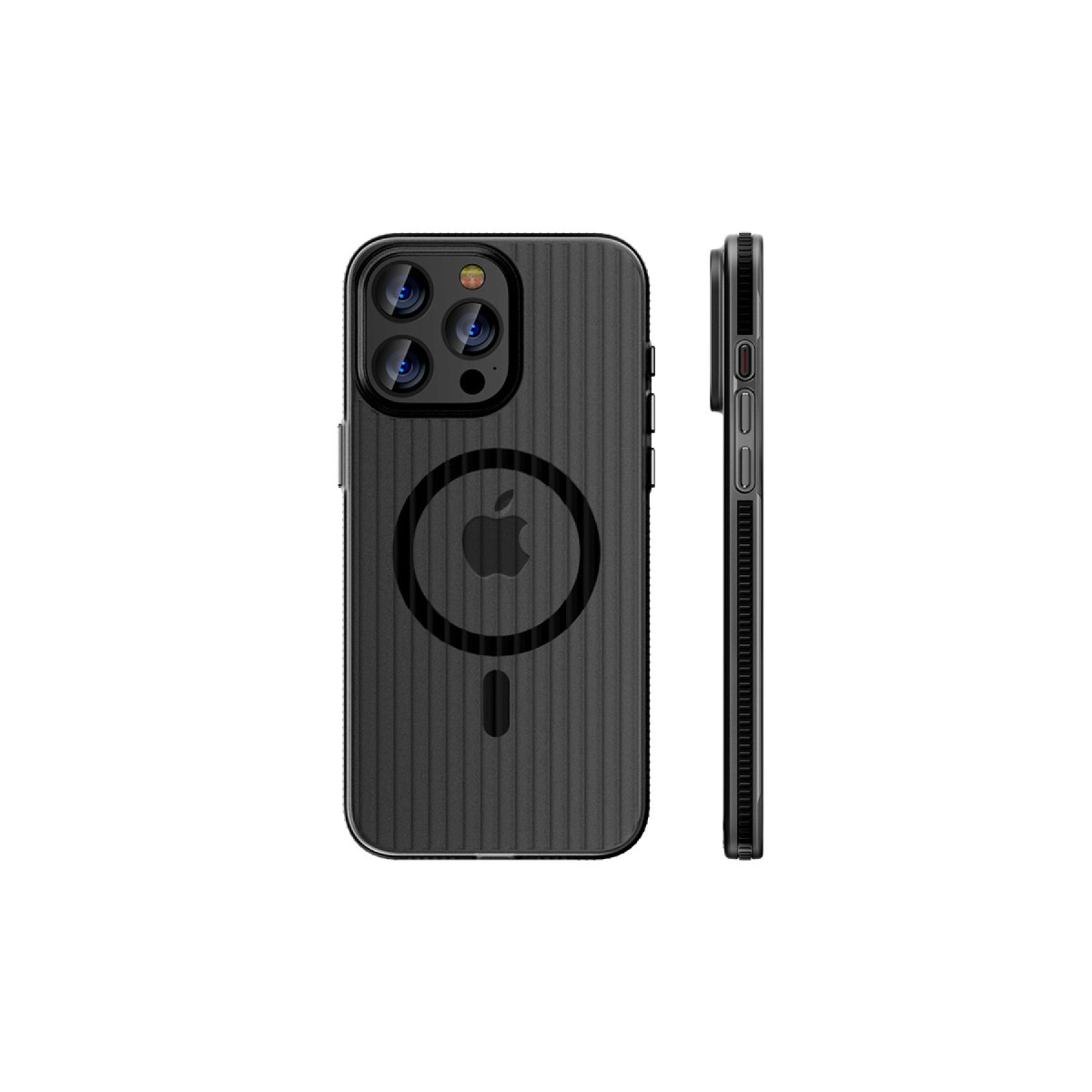 Kameralı ve Apple logolu siyah telefon kılıfı, yan görünüm.