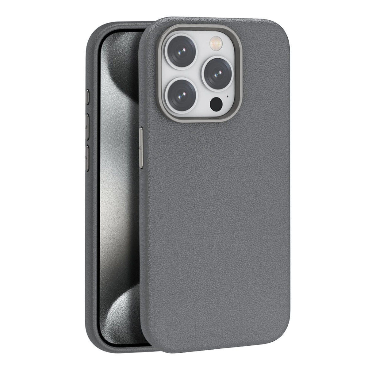 Arkada kamera lens dizisi bulunan gri dokulu bir telefon kılıfı.