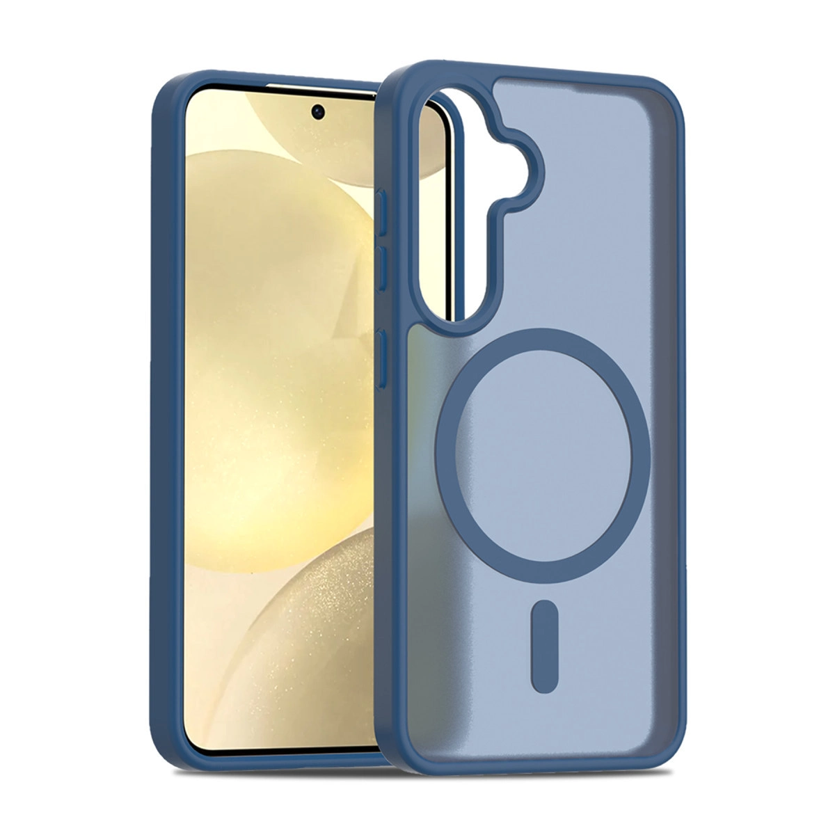 Mavi telefon kılıfı, halka ve mıknatıslı, beyaz arka planlı.