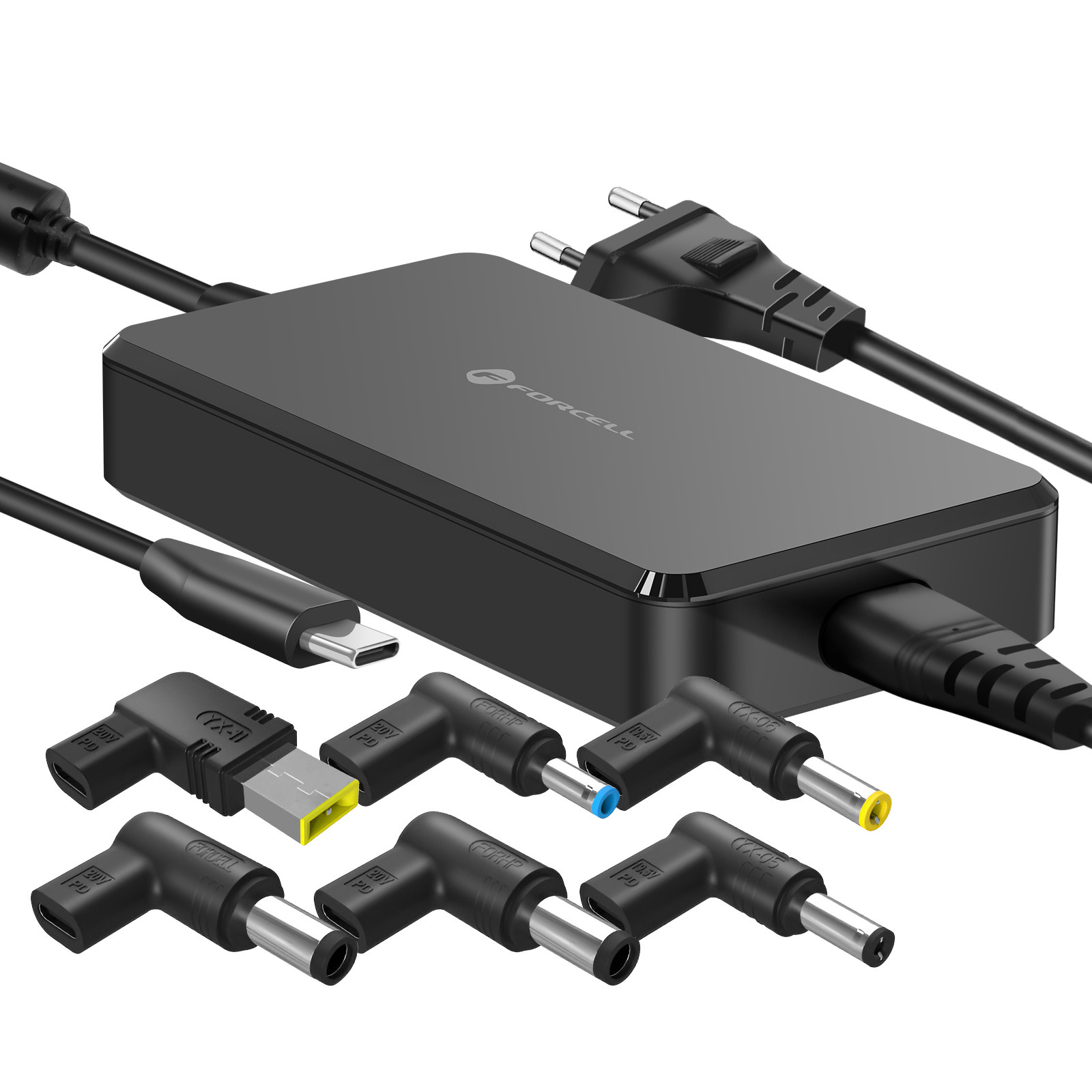 Adattatore di alimentazione nero con USB-C, spina e punte multiple.