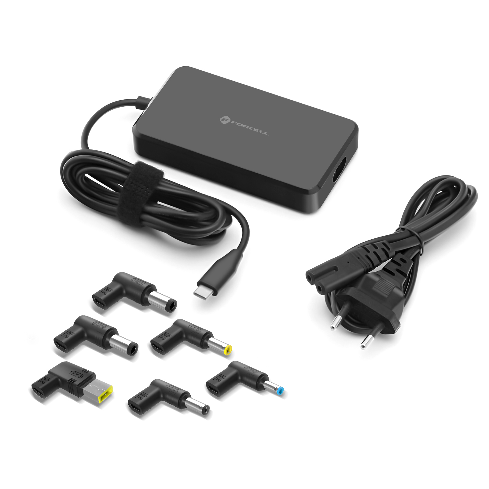Un alimentatore nero per laptop con più adattatori di spina rimovibili.
