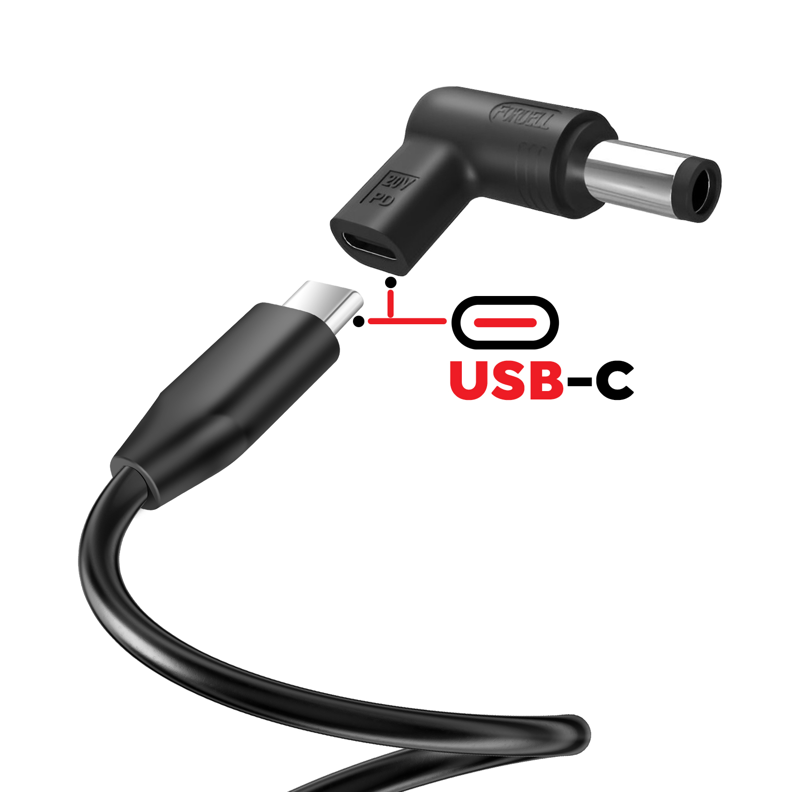 Un adattatore USB-C nero con spina rotonda e marcatura PD.