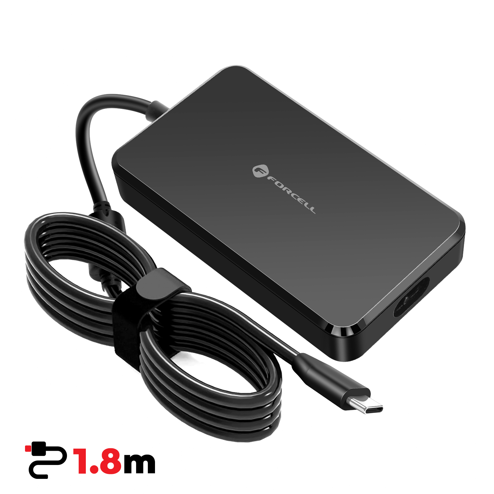Adattatore USB-C nero Forcell con cavo avvolto e indicatore di 1,8 m.