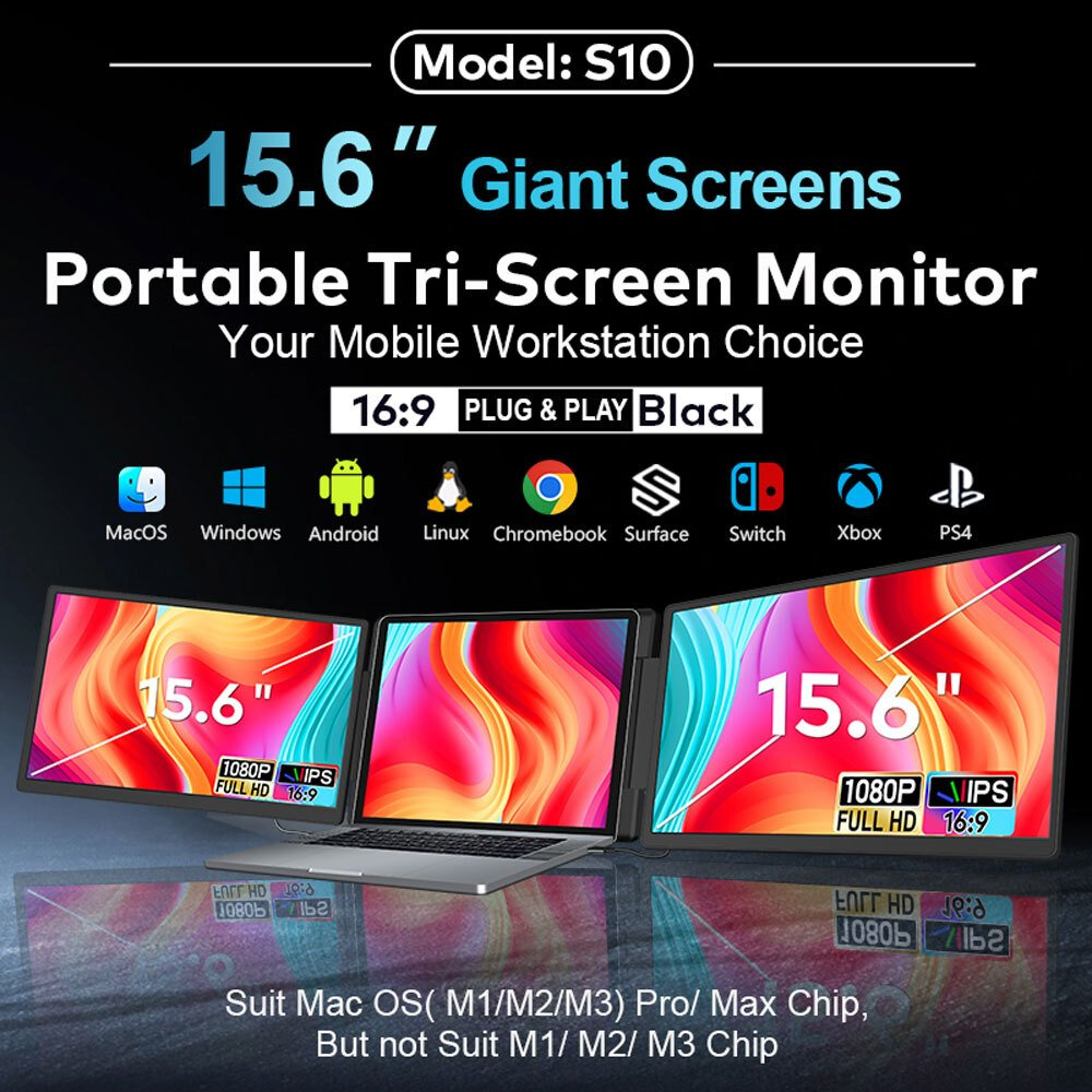Un monitor portátil de triple pantalla de 15,6 pulgadas con iconos de varios SO.