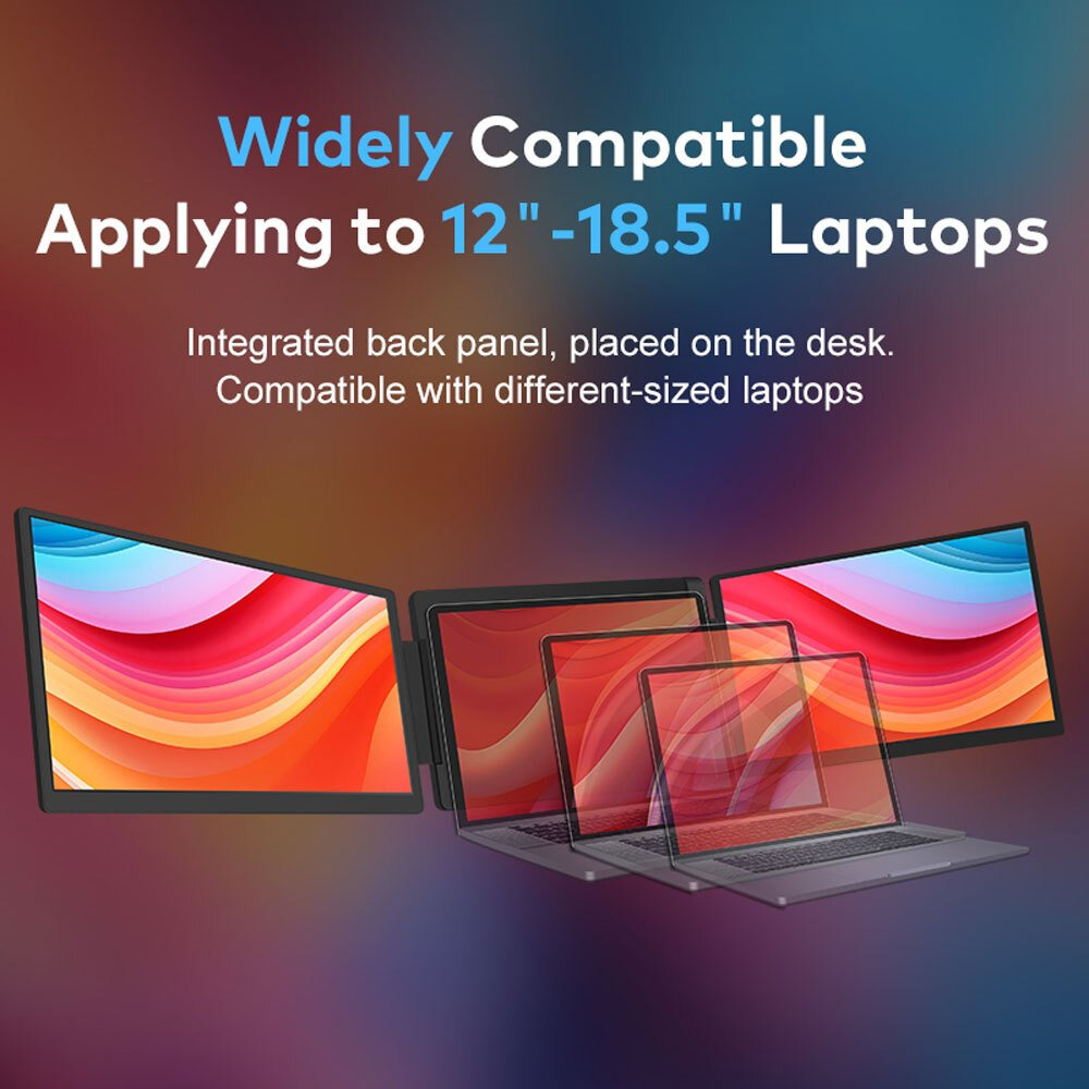 Tres laptops con pantallas coloridas. Compatible con laptops de 12-18,5 pulgadas.