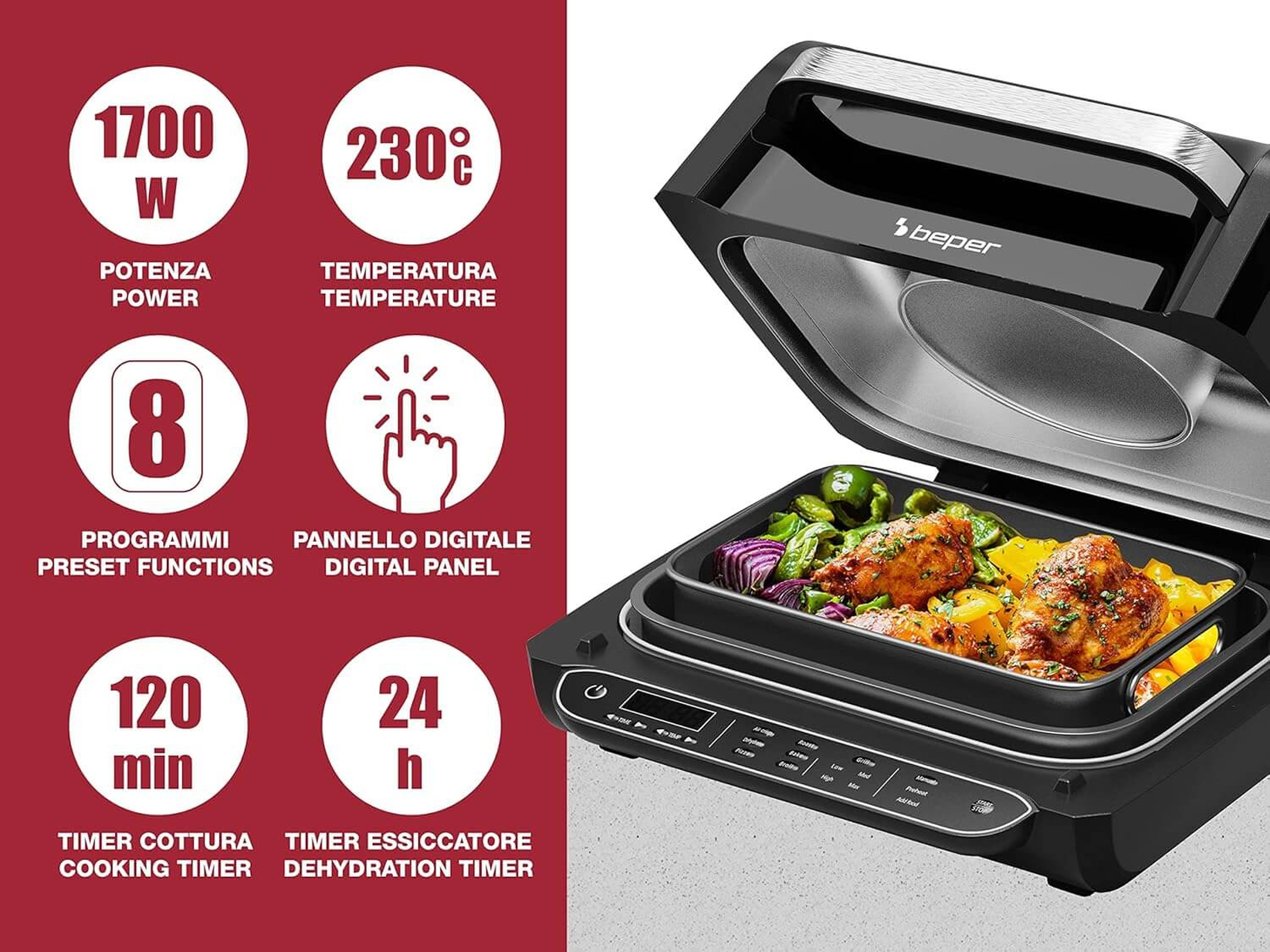 Ein schwarzer Elektrogrill mit Hähnchen, Kartoffeln und Gemüse, daneben weiße Symbole.