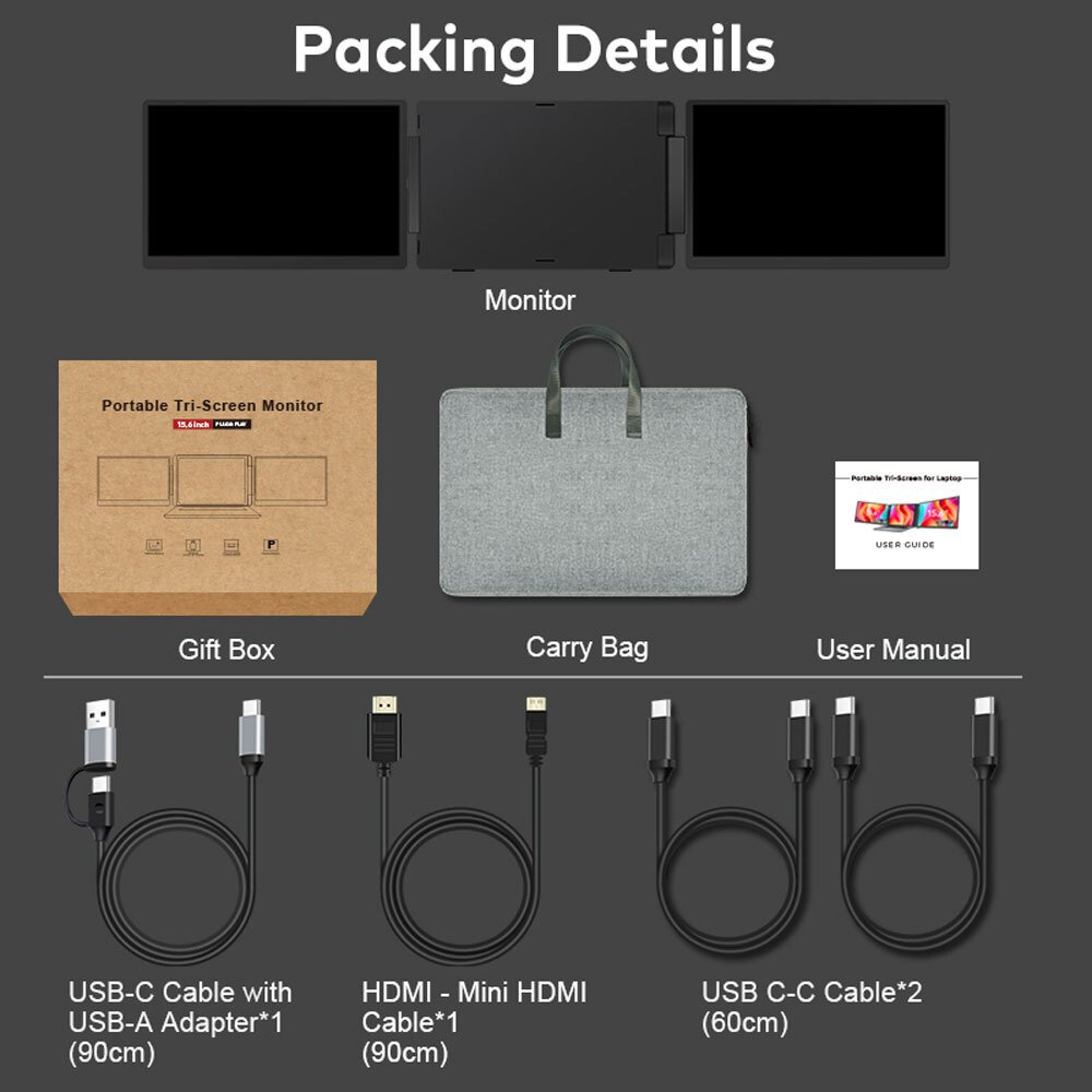 Detalles del embalaje: Monitor, caja de regalo, bolsa de transporte, manual de usuario, cable USB-C, cable HDMI, cables USB-C.