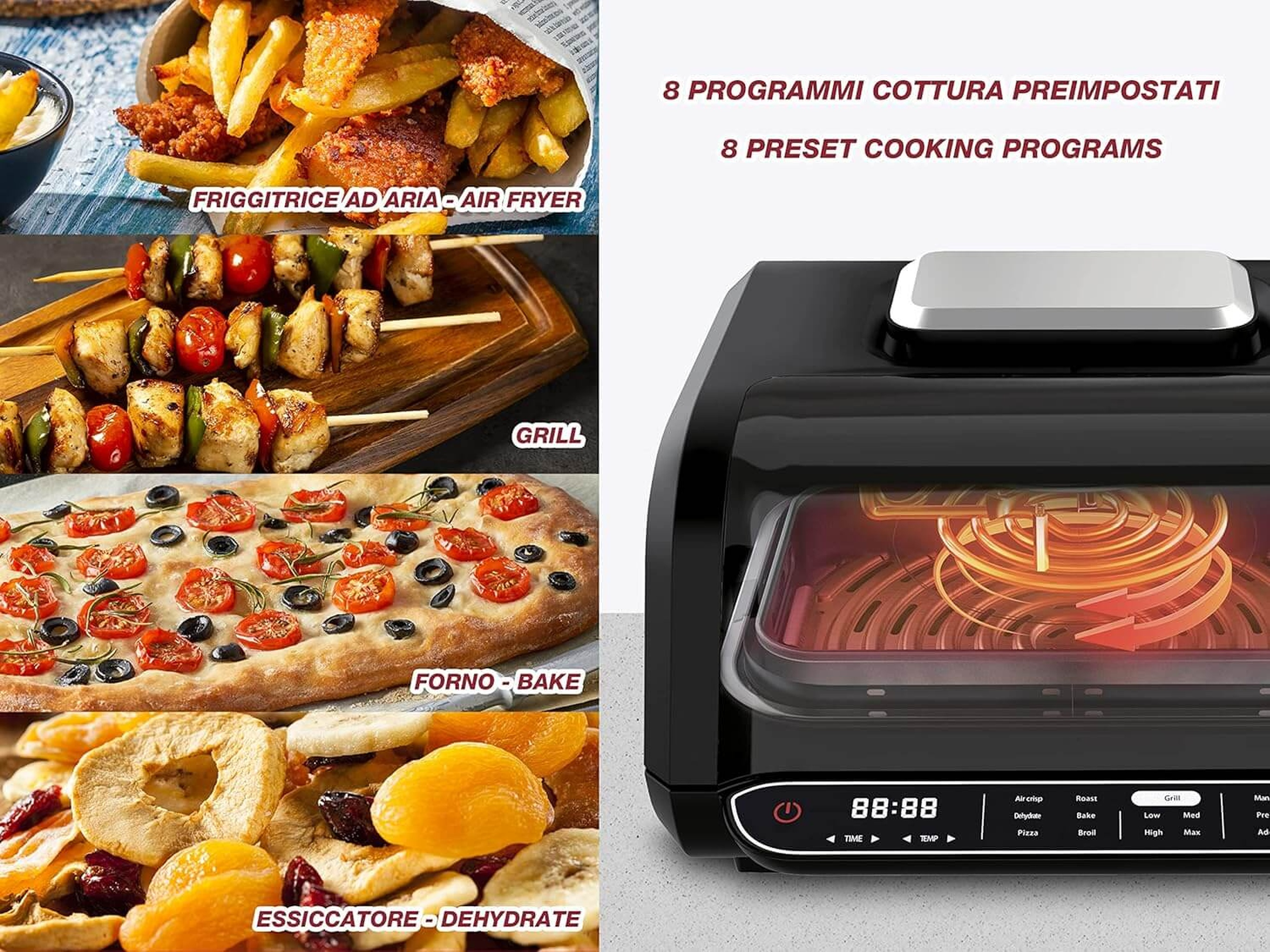 Ein Küchengerät mit vier Kochmodi: Heißluftfritteuse, Grill, Ofen/Backen und Dörrgerät.