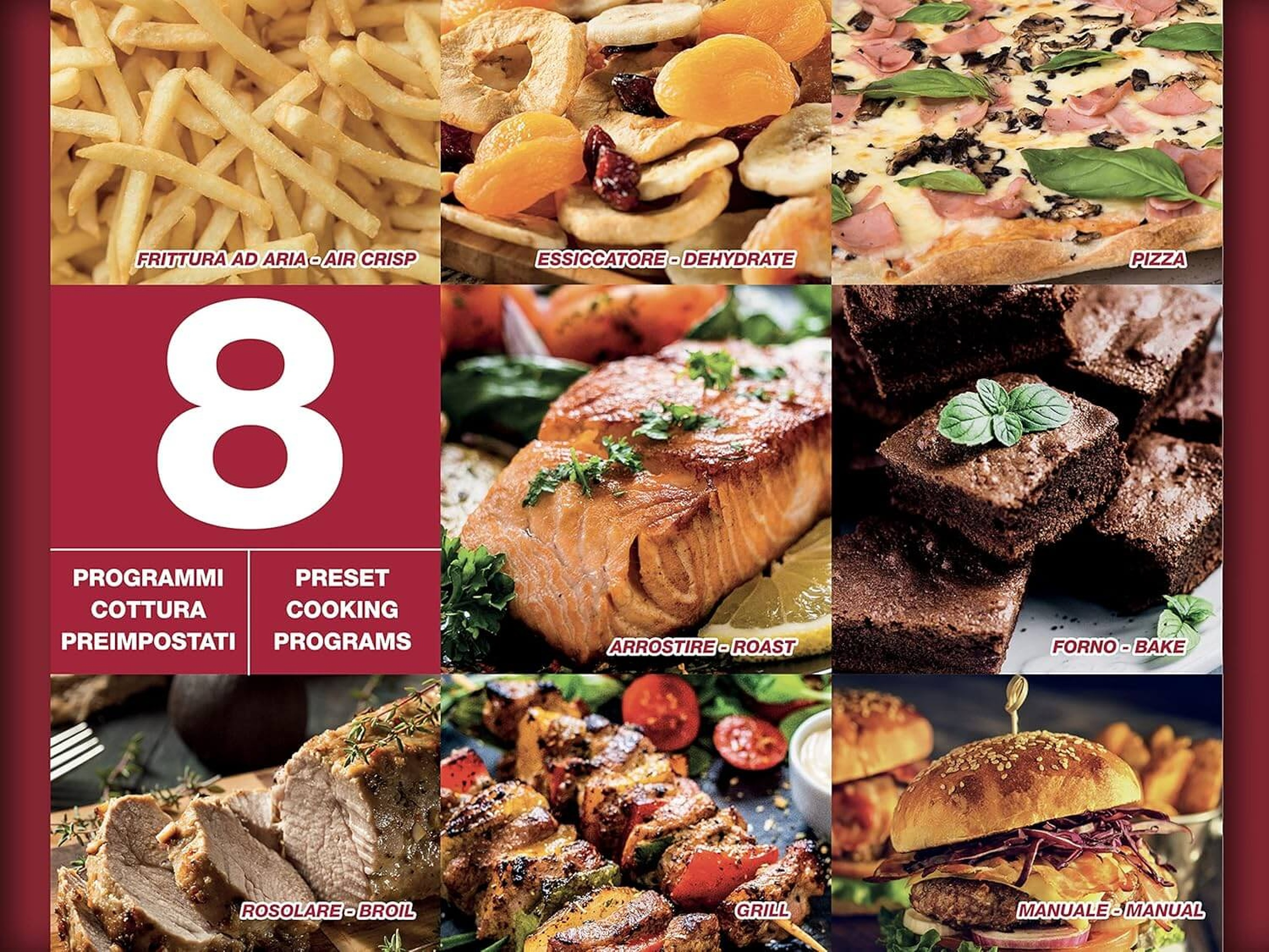 Collage mit Lebensmitteln: Pommes, Trockenfrüchte, Pizza, Lachs, Brownies, Braten, Spieße, Burger.
