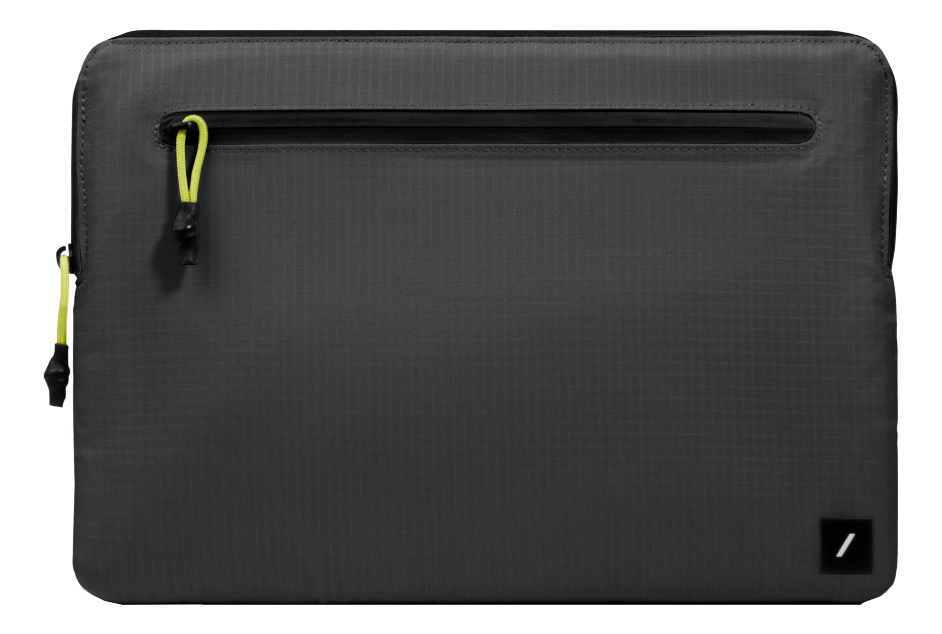 Custodia grigio scuro per laptop con tasca con zip e tiretto giallo neon.