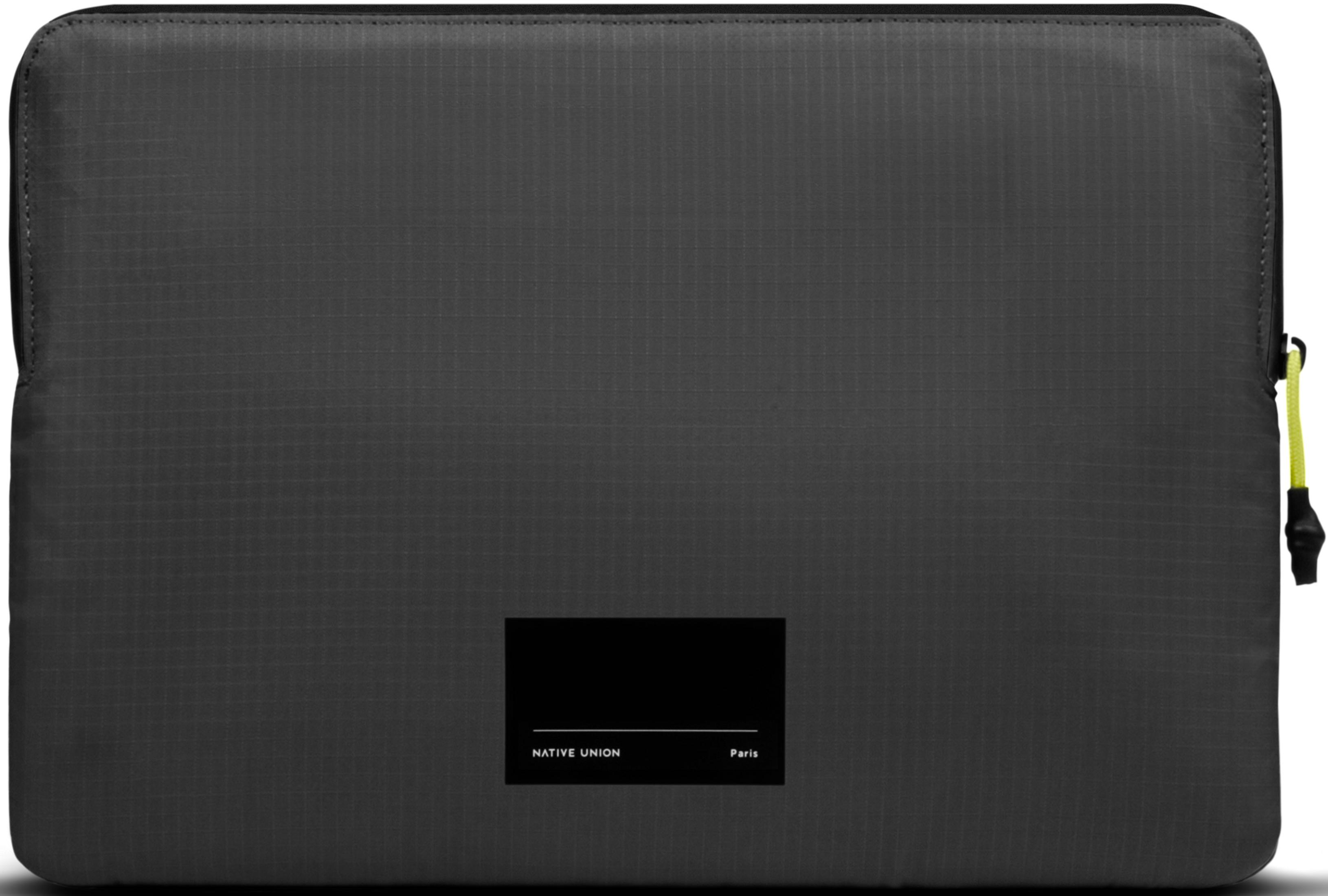 Custodia grigio scuro per laptop con tiretto cerniera giallo.