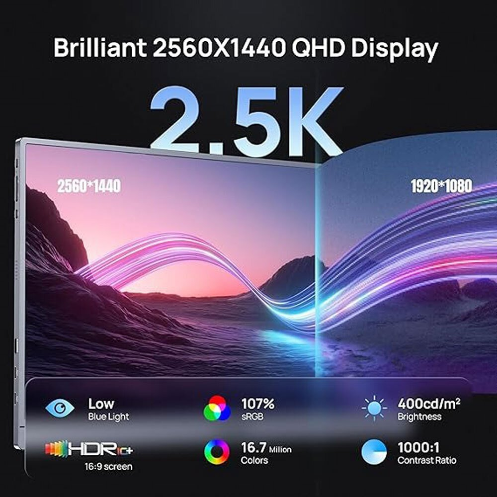 Un monitor muestra un paisaje vibrante con texto que destaca la resolución 2560x1440 y 2.5K.