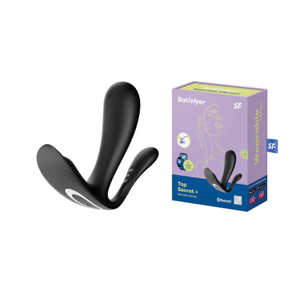 Czarny wibrator Satisfyer do noszenia obok fioletowego pudełka z ilustracją produktu.