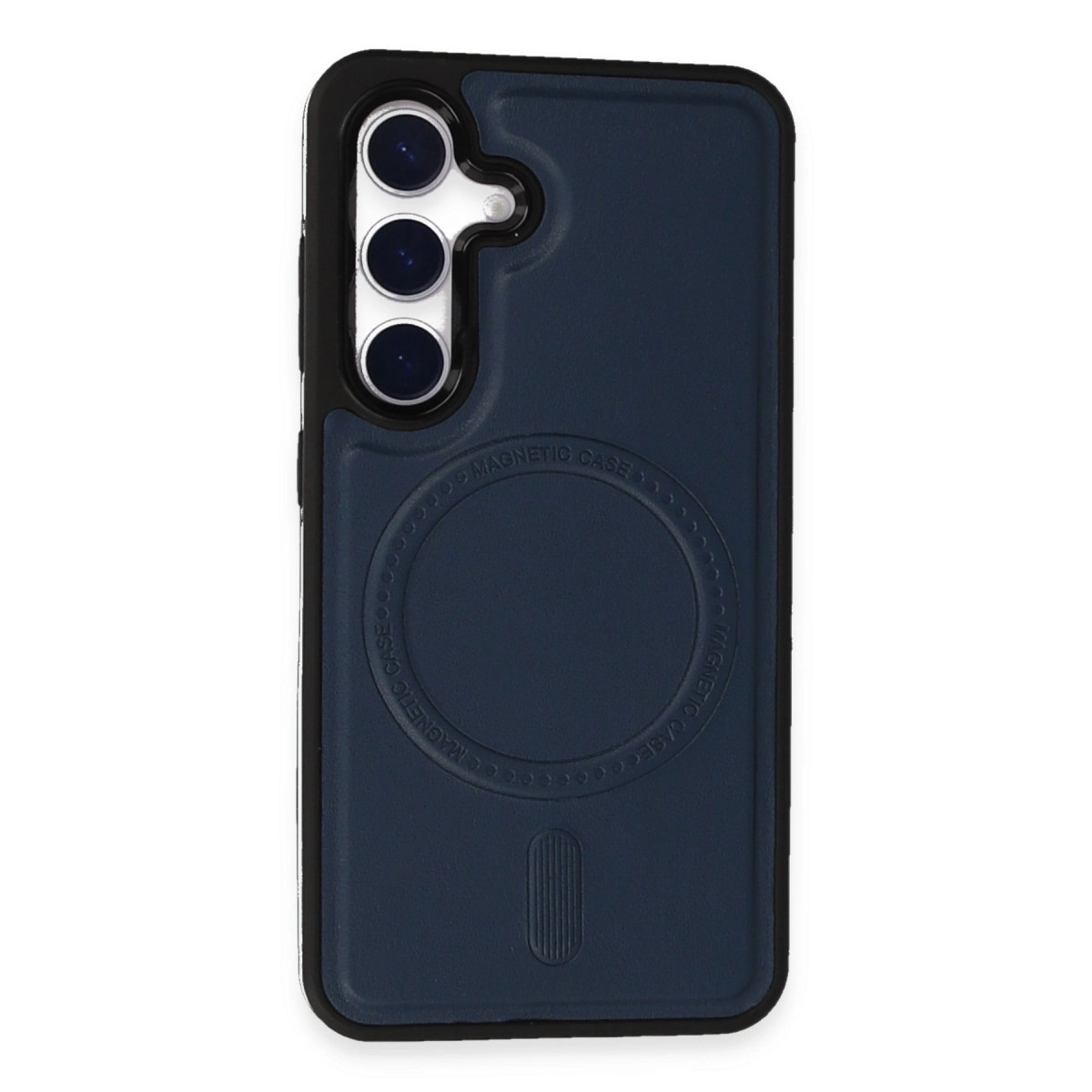 Üç kamera lensli ve manyetik halkalı lacivert telefon kılıfı.