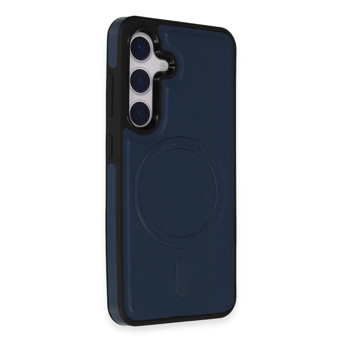 Üç kamera lensli ve manyetik halkalı lacivert telefon kılıfı.