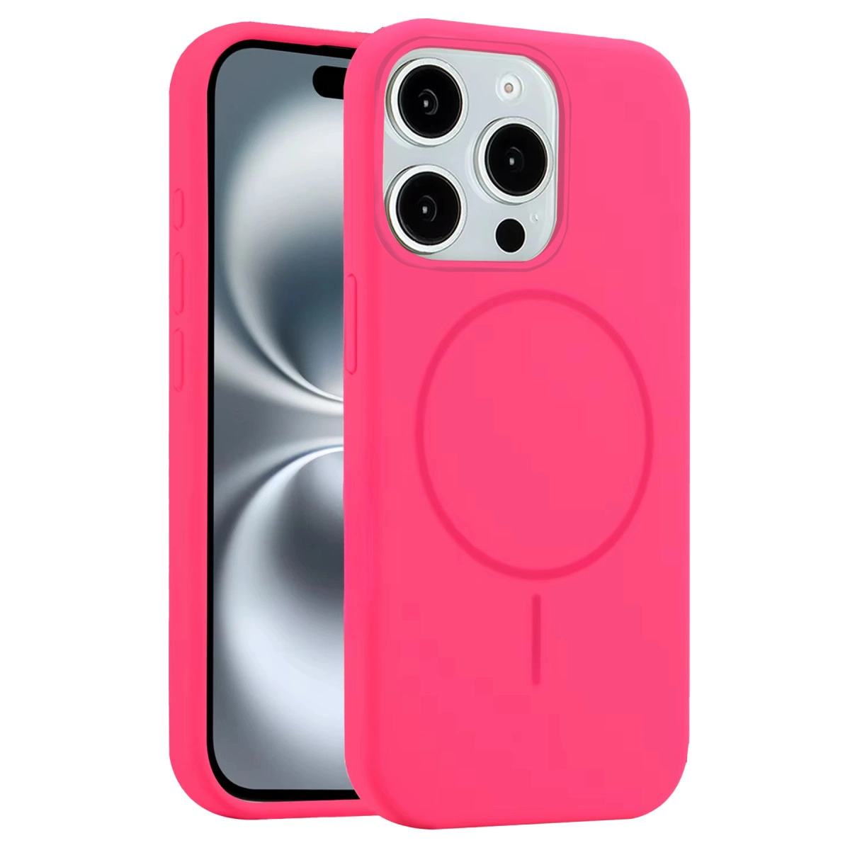 Kamer lensleri ve dairesel manyetik halka işaretli parlak pembe iPhone kılıfı.