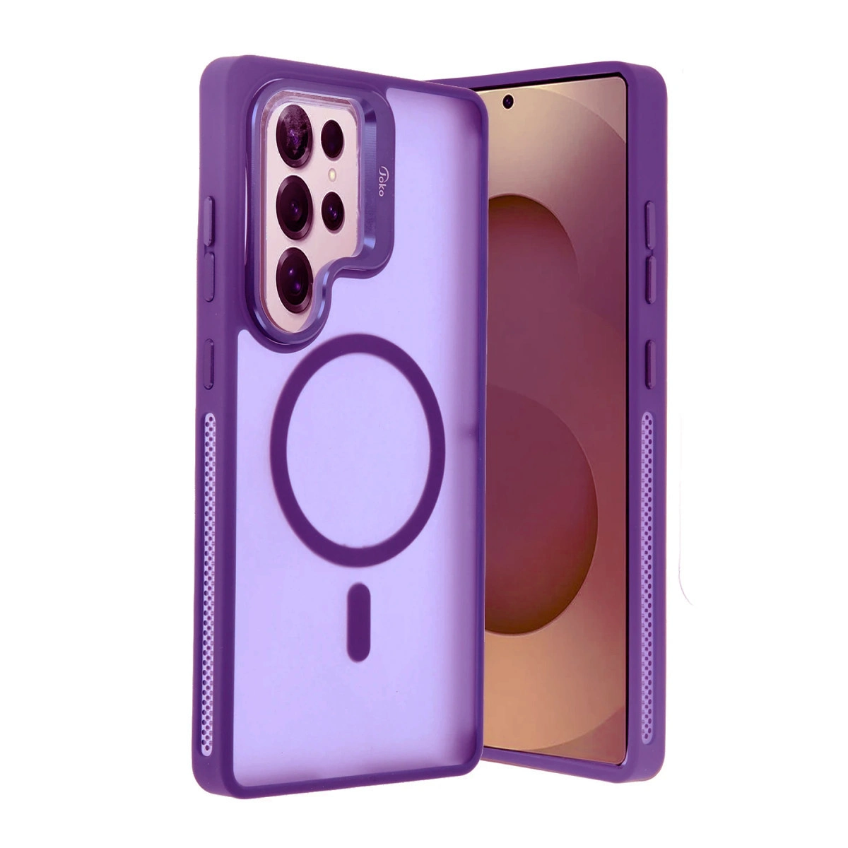 Kamera modülü ve manyetik halkalı mor telefon kılıfı, bir akıllı telefonun yanında.