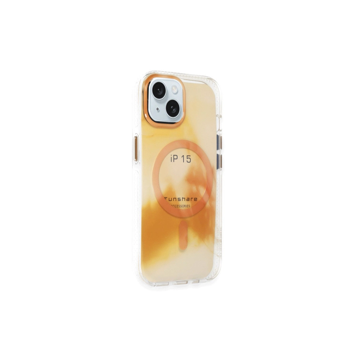 iPhone 15 için turuncu mermer desenli ve kamera kesimli şeffaf telefon kılıfı.