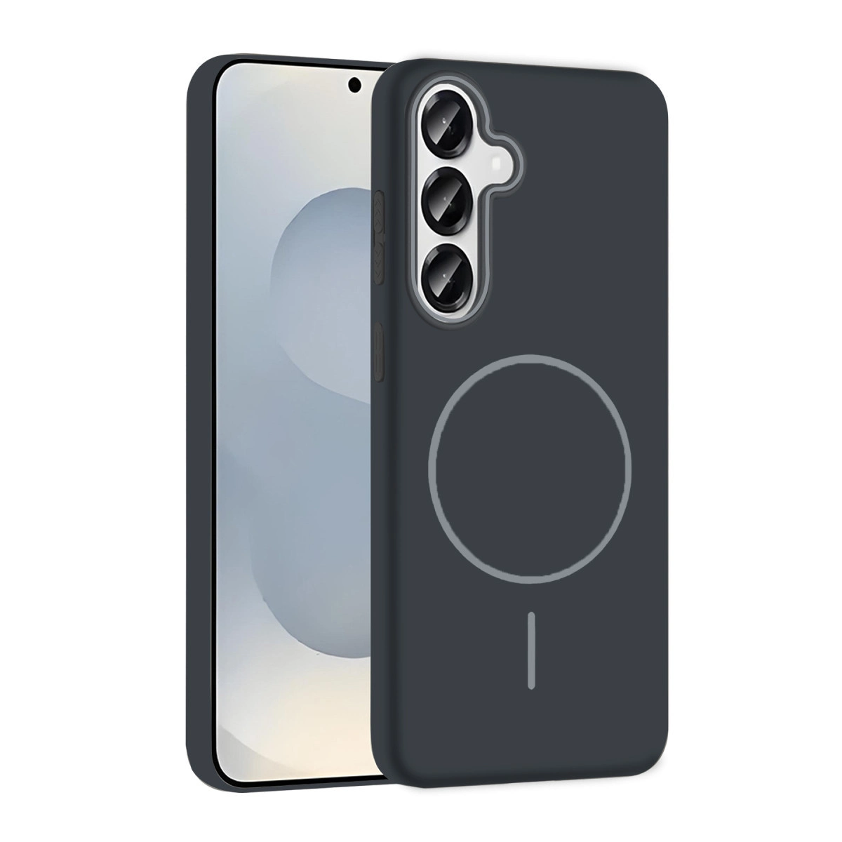 Manyetik halkalı ve üç kameralı koyu gri telefon.