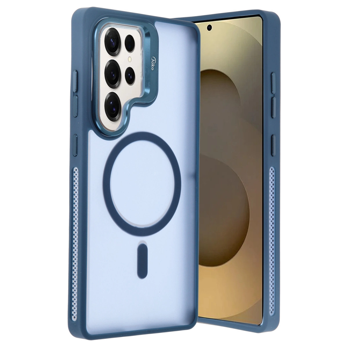 Görünür manyetik halkalı ve kamera modülü kesimli mavi telefon kılıfı.