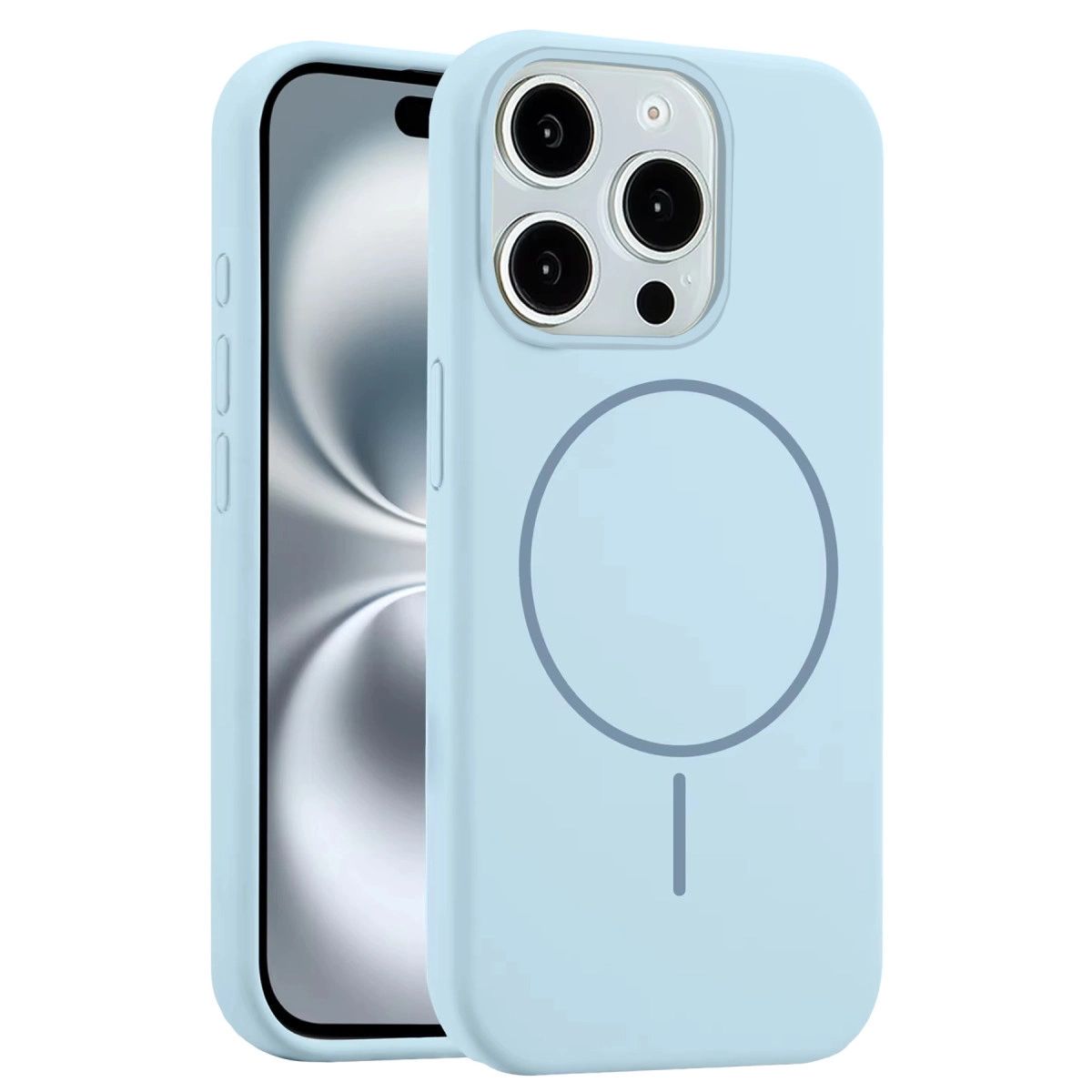 Daire ve çizgi desenli açık mavi telefon kılıfı.
