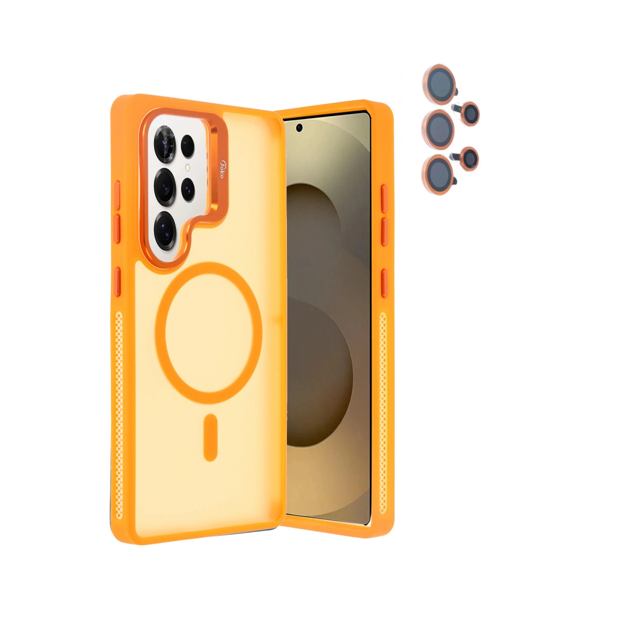 Mıknatıslı halkalı turuncu telefon kılıfı ve dört lens kapağı.