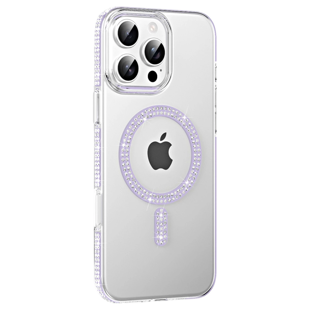 Mor kenarlı ve kristalli şeffaf telefon kılıfı, Apple logosunu gösteriyor.