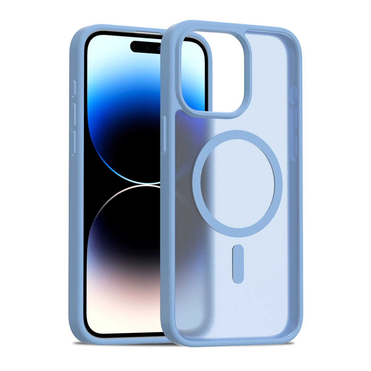 Açık mavi telefon kılıfı, mavi ekranlı bir akıllı telefonun önünde duruyor.