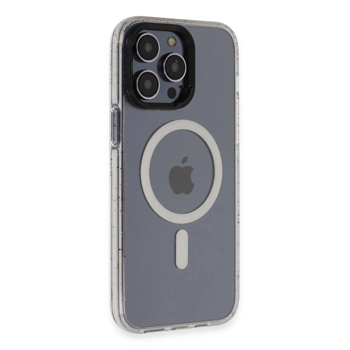 Kameralı ve Apple logolu şeffaf MagSafe iPhone kılıfı.