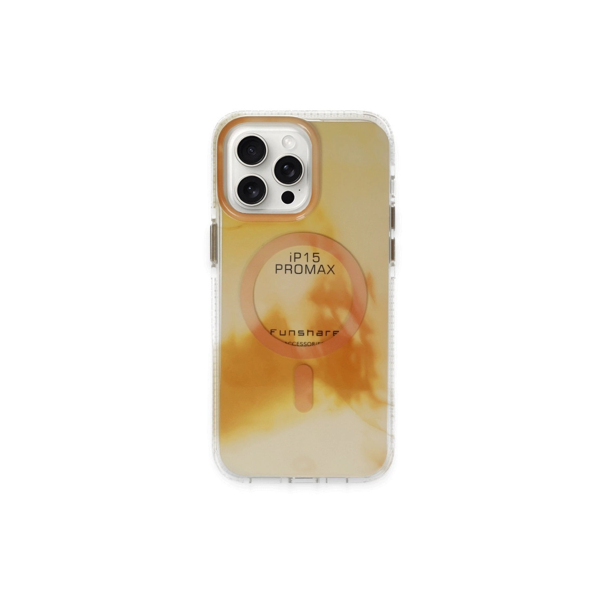 Turuncu mermer desenli şeffaf iPhone 15 Pro Max kılıfı.