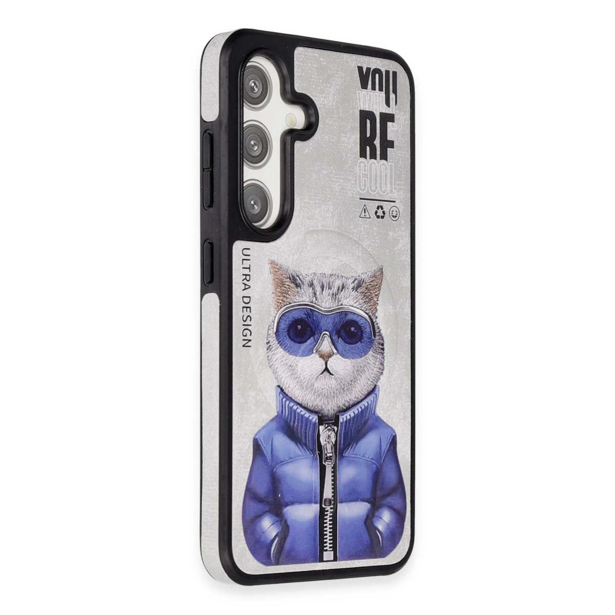 Mavi gözlüklü ve mavi ceketli kedi desenli telefon kılıfı.