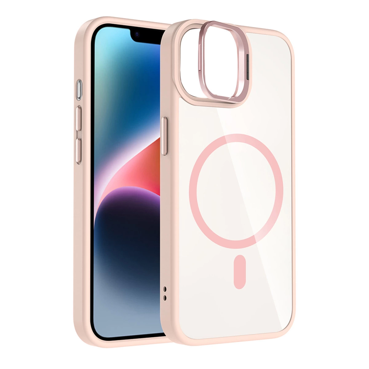 Şeffaf arkalı ve pembe halka tasarımlı pembe telefon kılıfı.