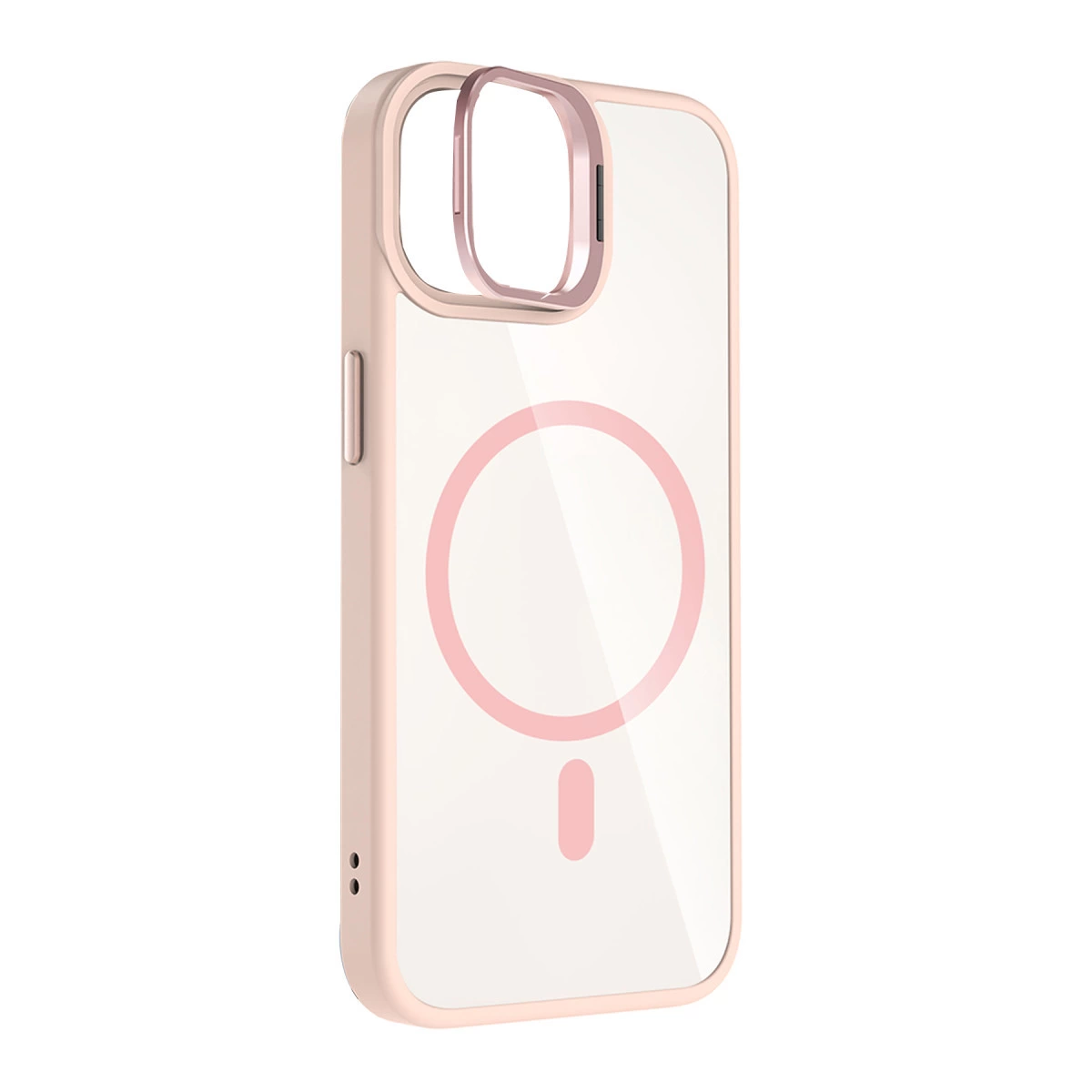 Pembe çerçeveli, kamera oyuklu ve manyetik halkalı şeffaf telefon kılıfı.