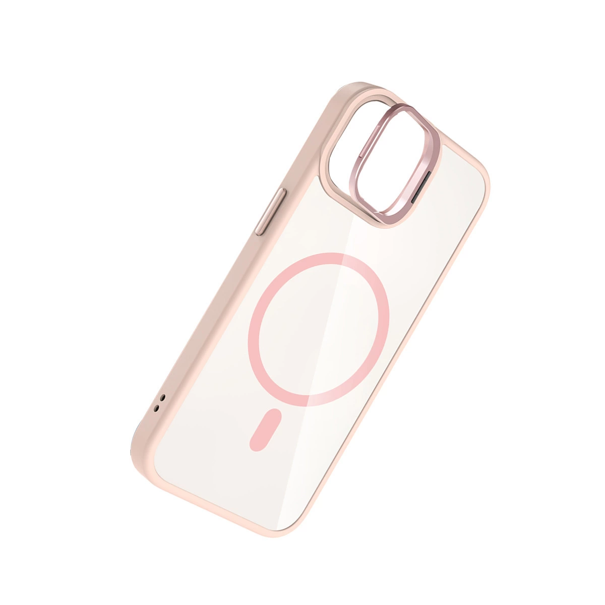 Pembe çerçeveli ve manyetik halkalı şeffaf telefon kılıfı.