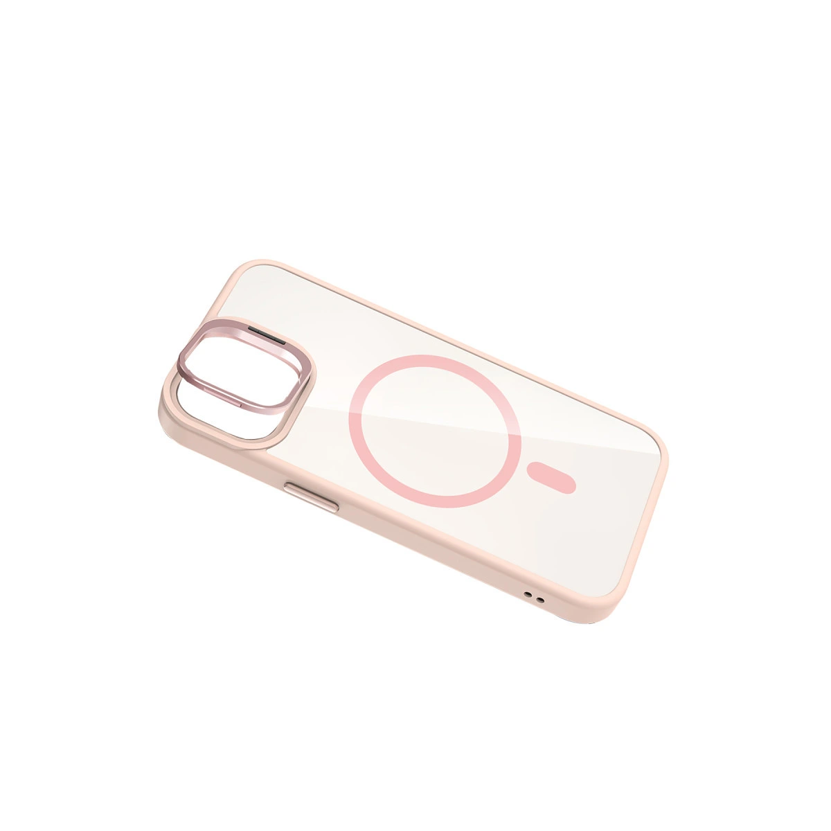 Pembe çerçeveli ve manyetik halkalı şeffaf telefon kılıfı.