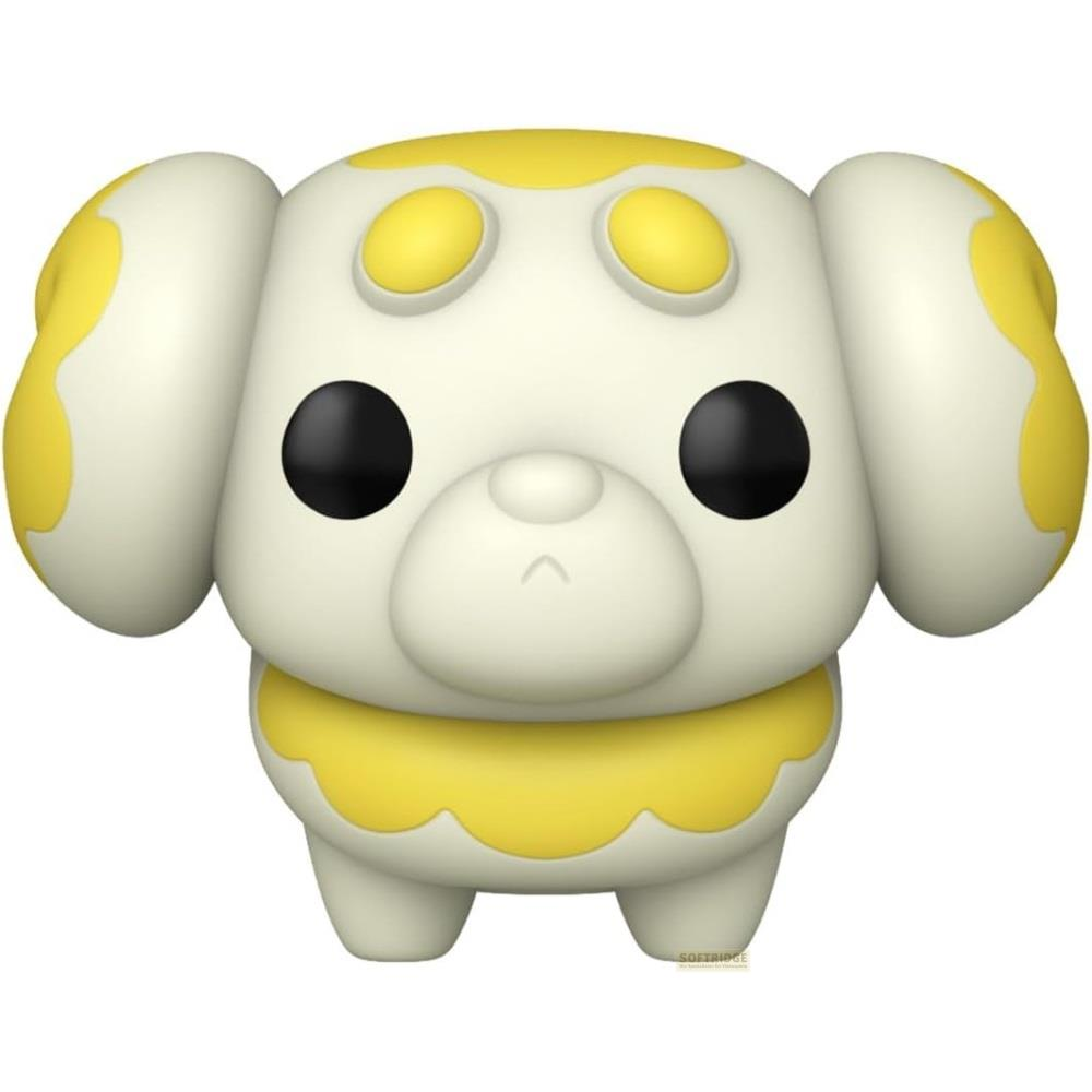 Un perro de dibujos animados blanco y amarillo con ojos y orejas negros.
