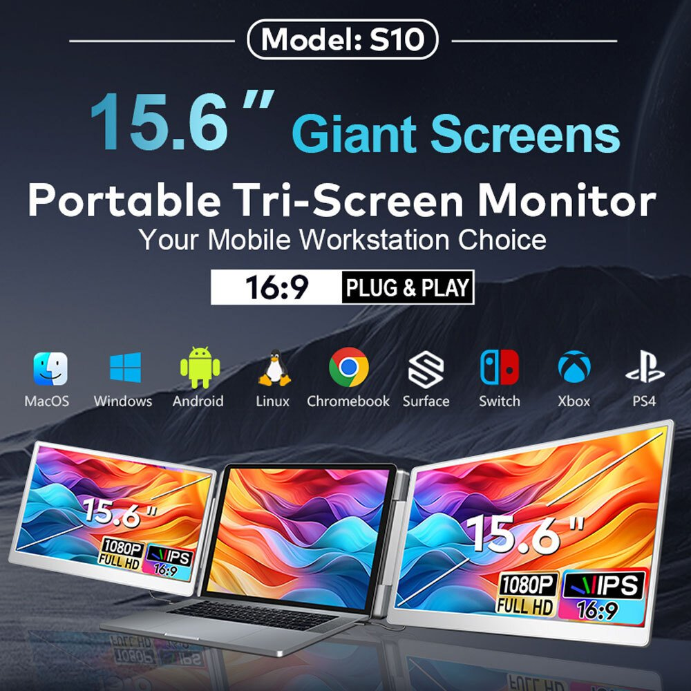 Un monitor portátil de triple pantalla con pantallas de 15,6 pulgadas, compatible con MacOS, Windows, Android, Linux, Chromebook, Surface, Switch, Xbox, PS4.