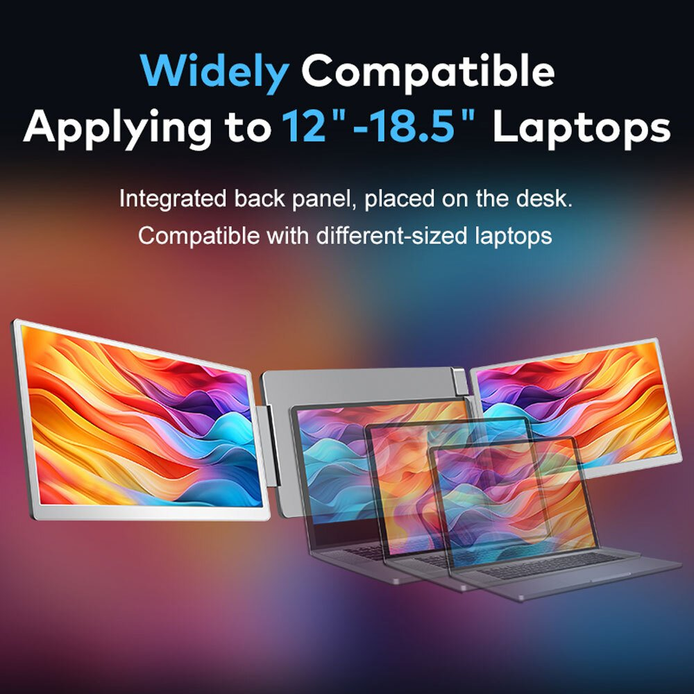 Se muestran tres pantallas y dos portátiles, compatibles con portátiles de 12-18,5 pulgadas.
