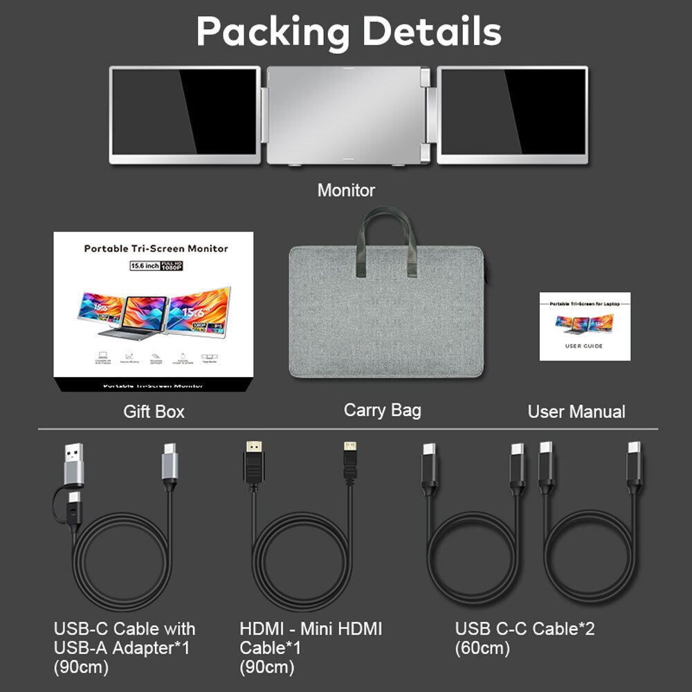 Detalles del embalaje: Monitor triple, bolsa de transporte, caja de regalo, manual, cable USB-C, cable HDMI.