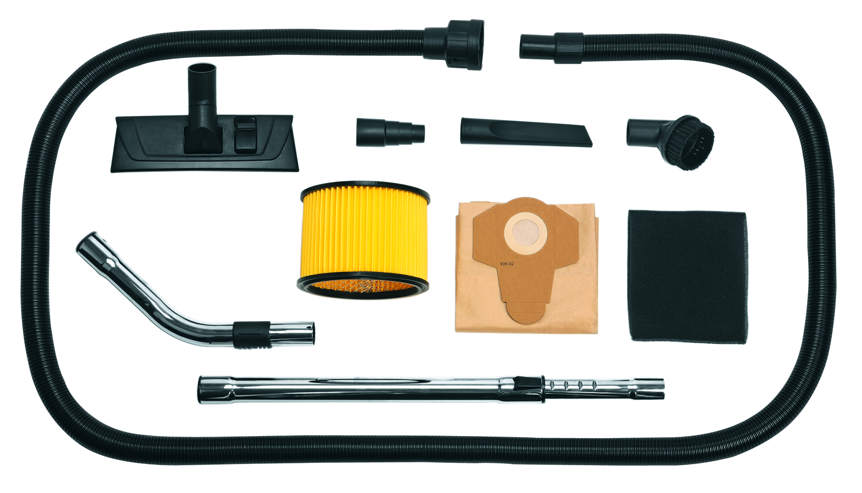 Tubo aspirapolvere e accessori: bocchetta, filtro, sacchetto, tubi e spazzola.