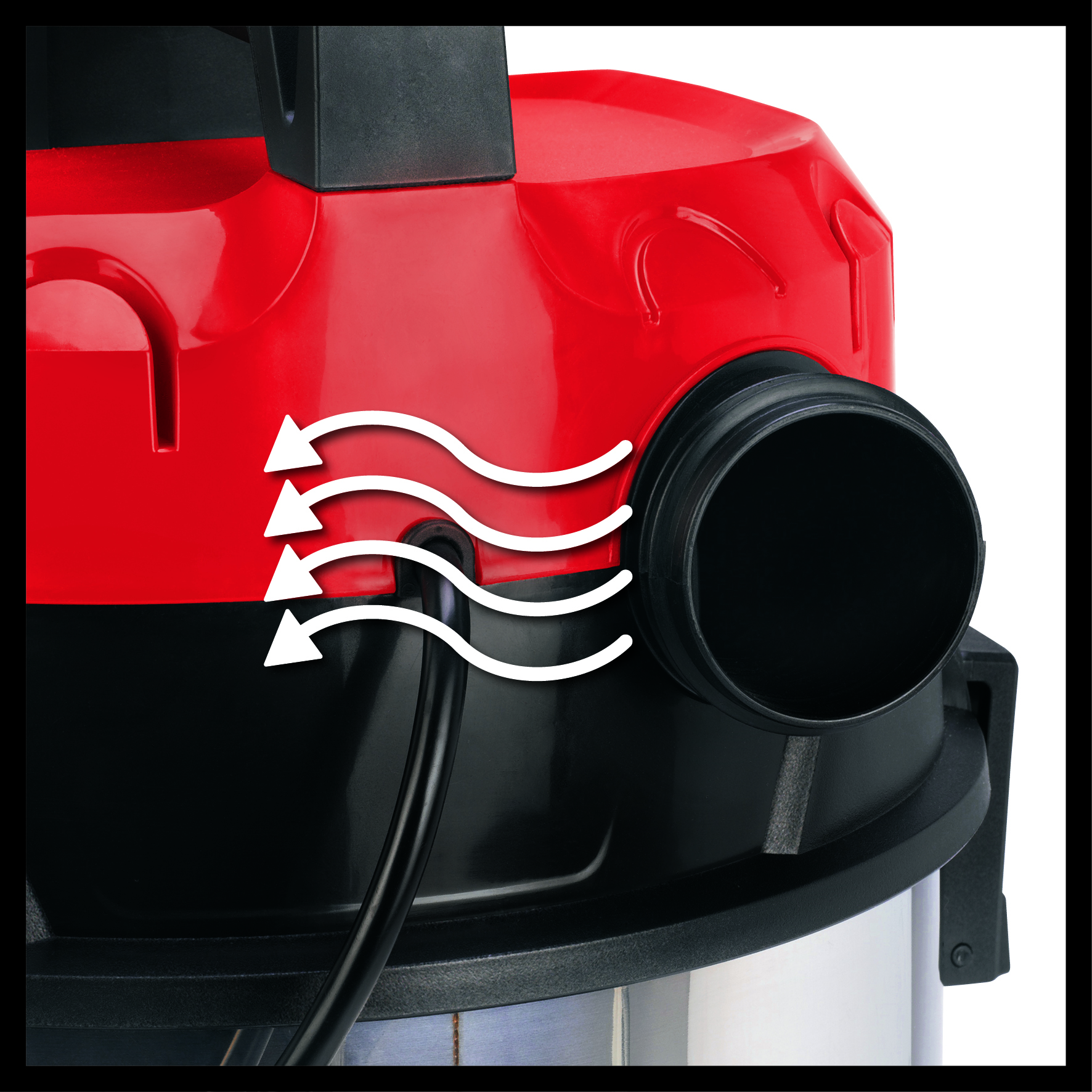 Accessorio aspirapolvere rosso con quattro frecce bianche che indicano il flusso d'aria.