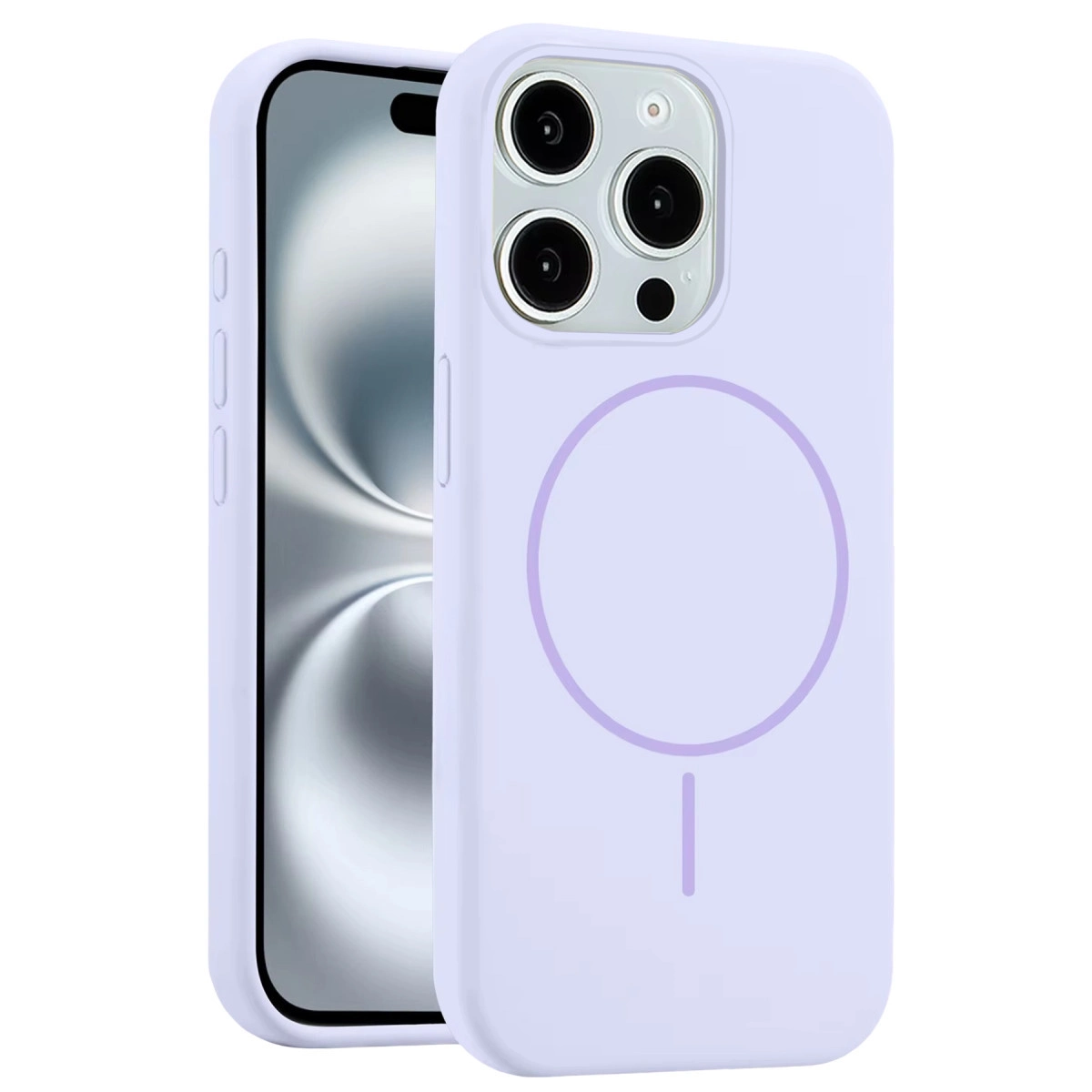 Yuvarlak manyetik halka işaretli açık mor iPhone kılıfı.