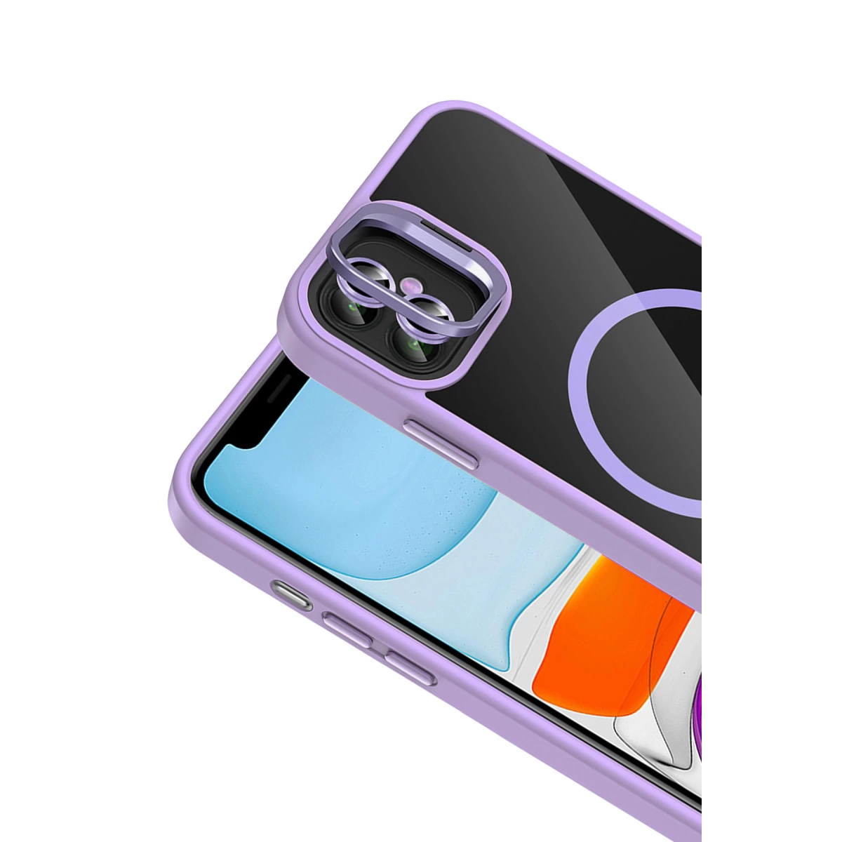 Kamera koruma halkalı mor iPhone kılıfı, yakın çekim.