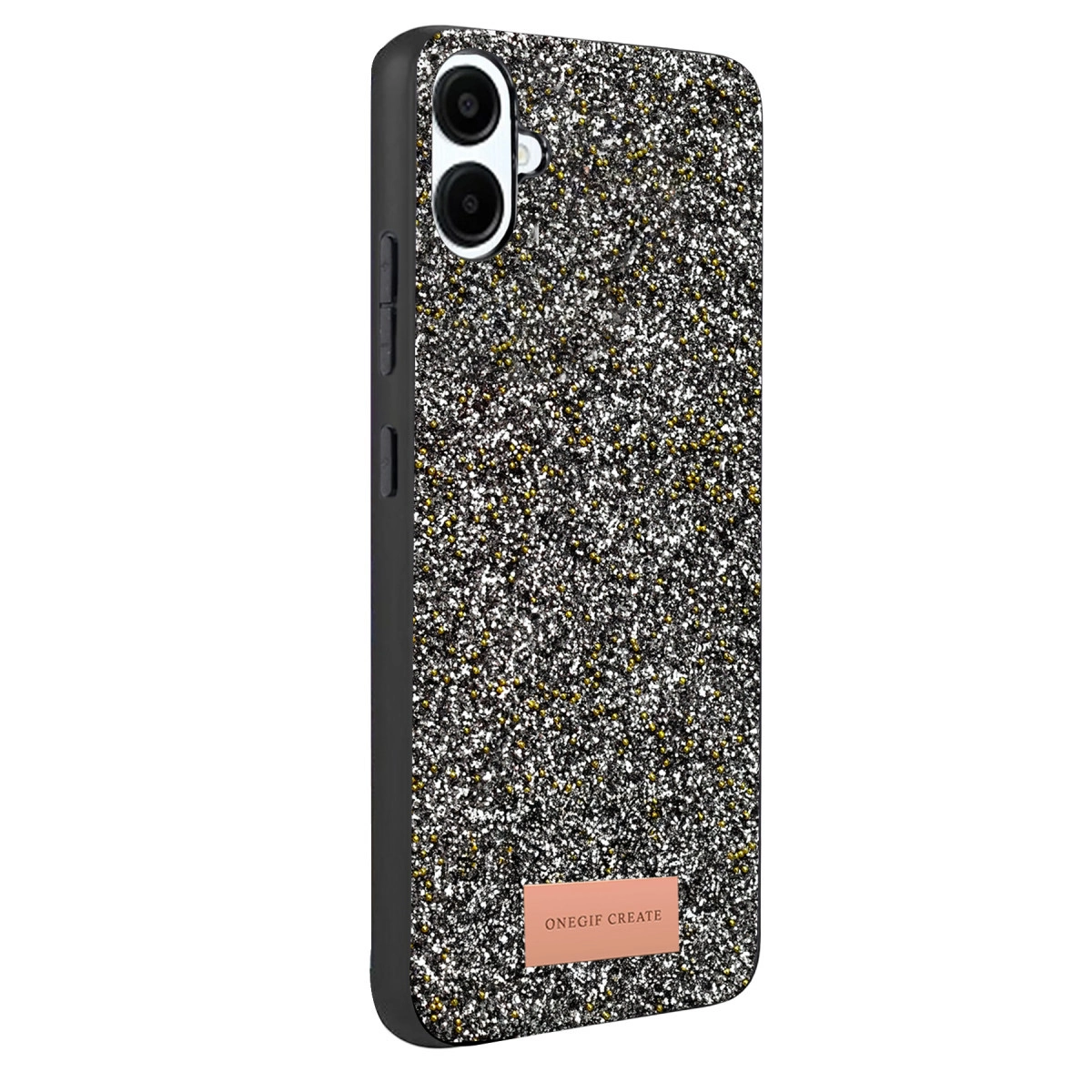 Simli, kamera kesimli, markalı siyah telefon kılıfı.