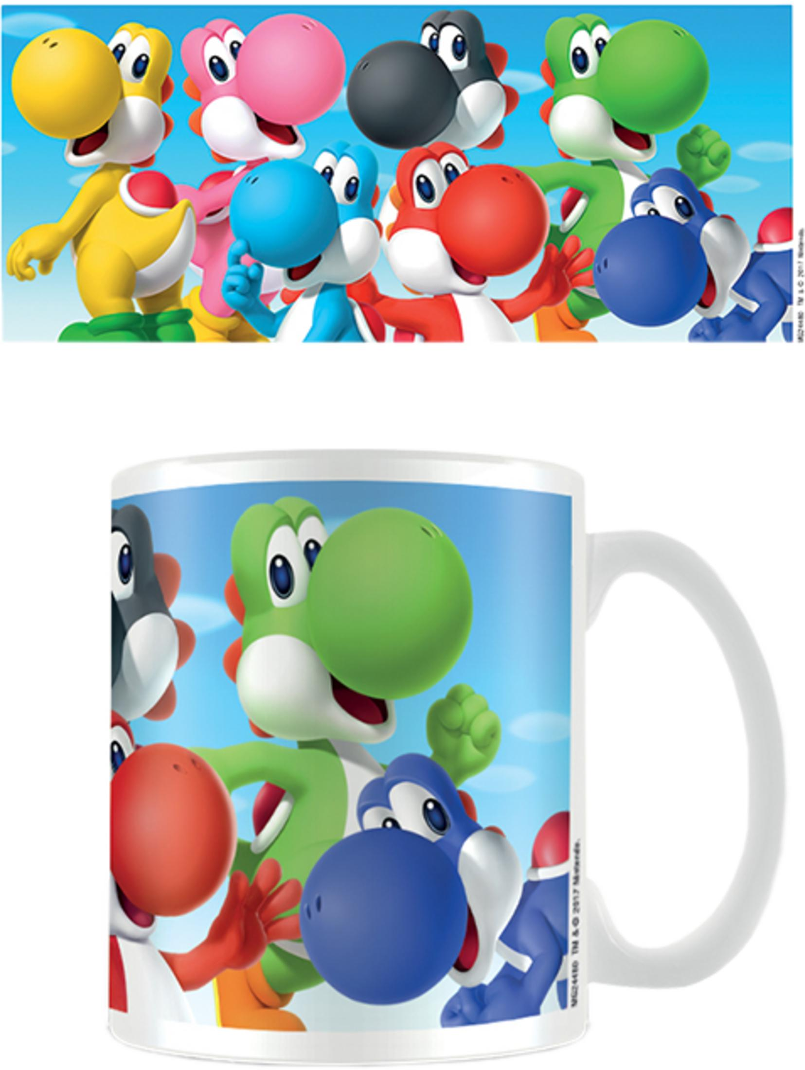 Mehrere bunte Yoshis stehen nebeneinander. Bunte Yoshis auf einer Tasse.
