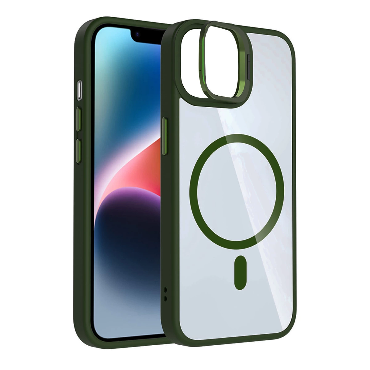 Şeffaf arka ve manyetik halkalı koyu yeşil iPhone kılıfı.