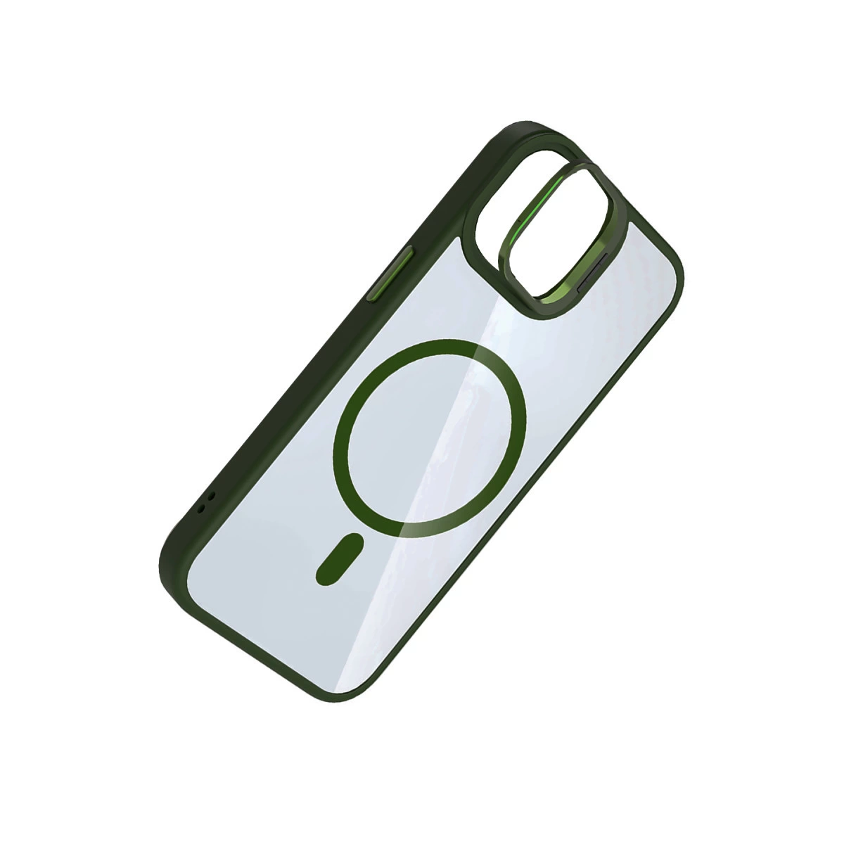 Şeffaf arka ve MagSafe halkalı koyu yeşil telefon kılıfı.