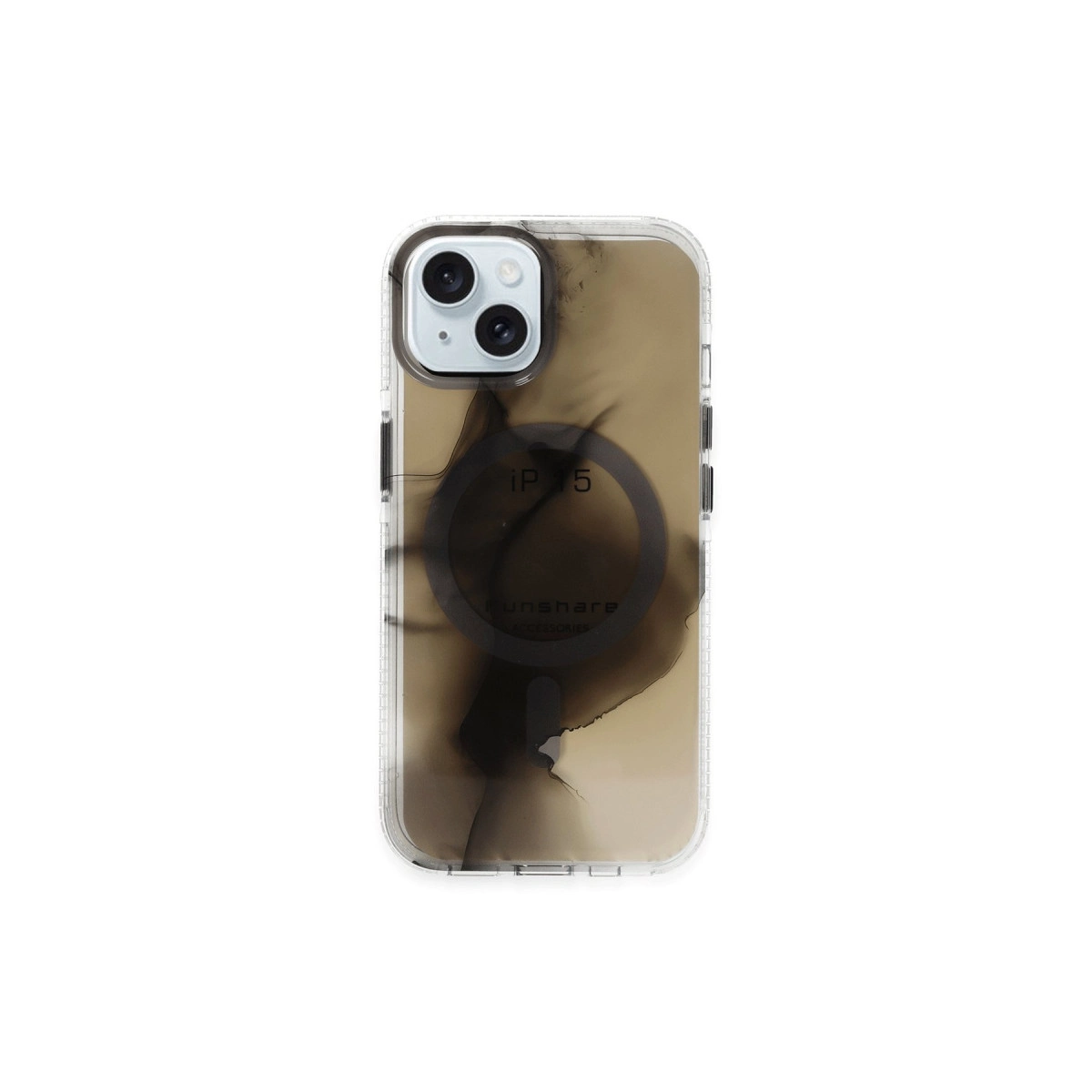 Siyah mermer desenli ve MagSafe halkalı şeffaf iPhone kılıfı.